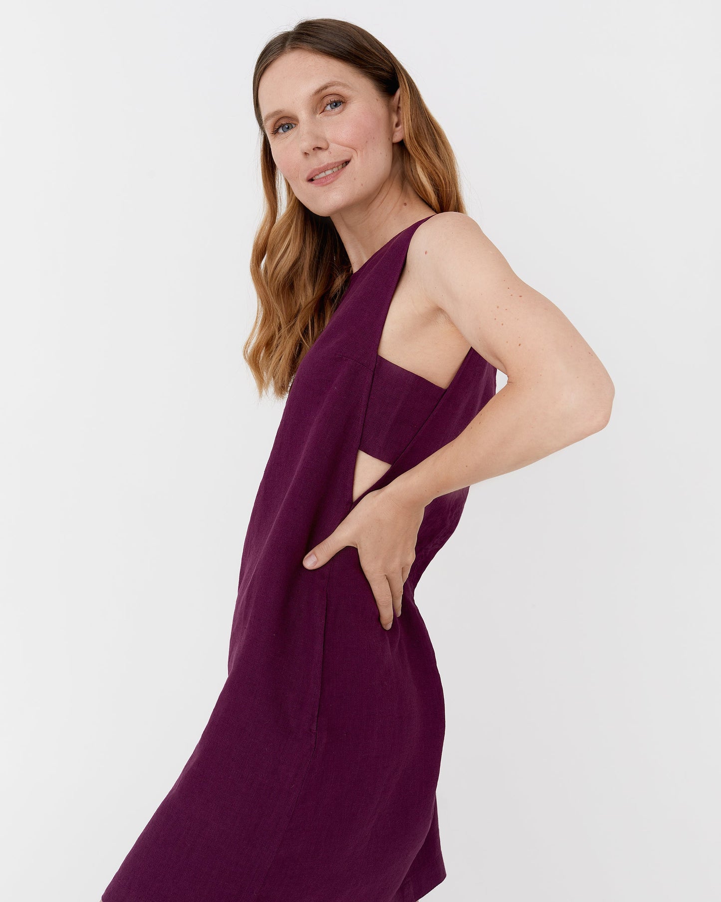 Midi linen dress MANHATTAN in Royal purple - MagicLinen
