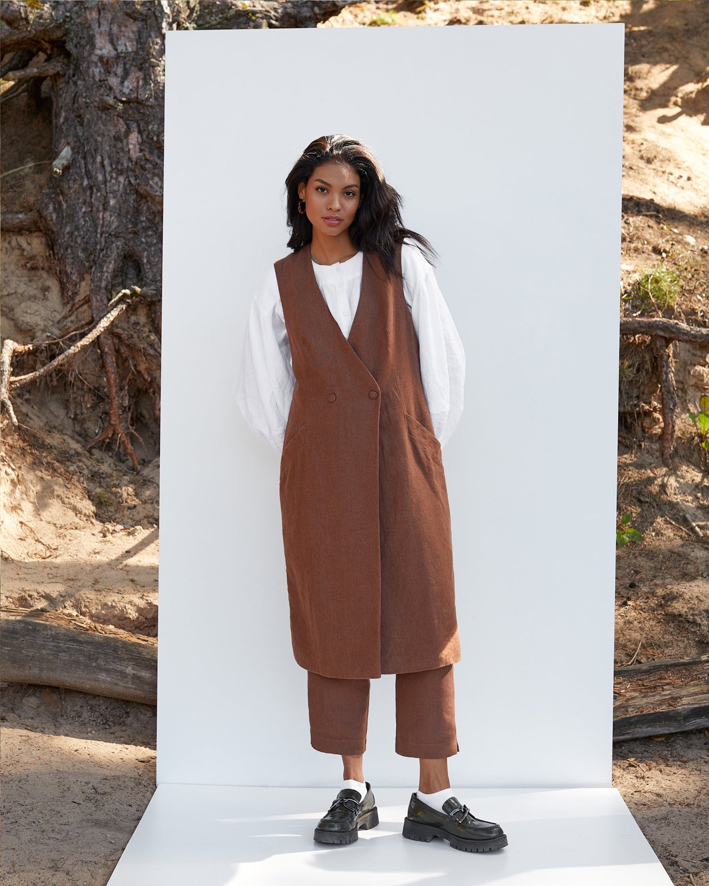 Linen long waistcoat ORISTANO in Cacao brown | MagicLinen