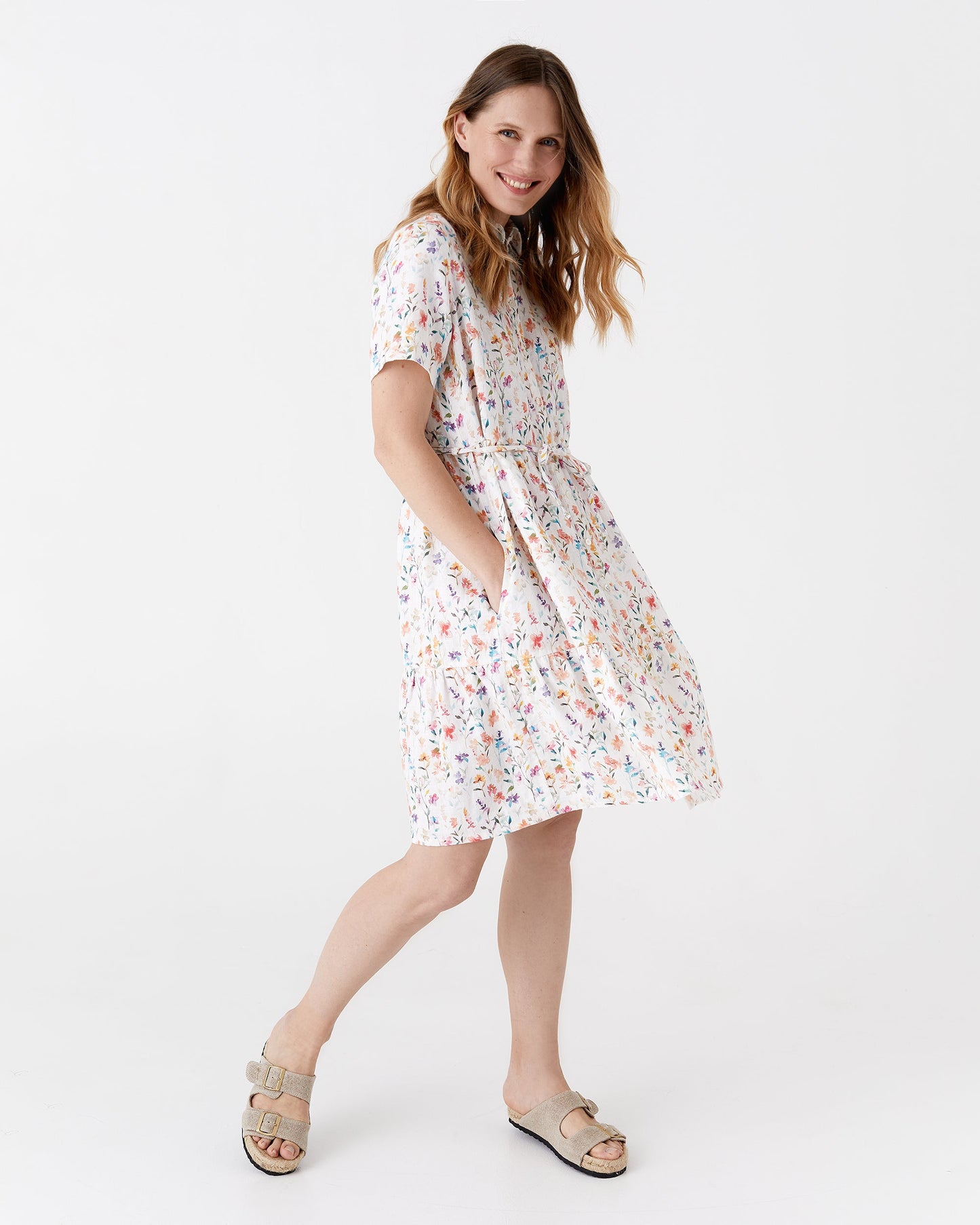 Tiered linen dress PETRA in Petal print - MagicLinen