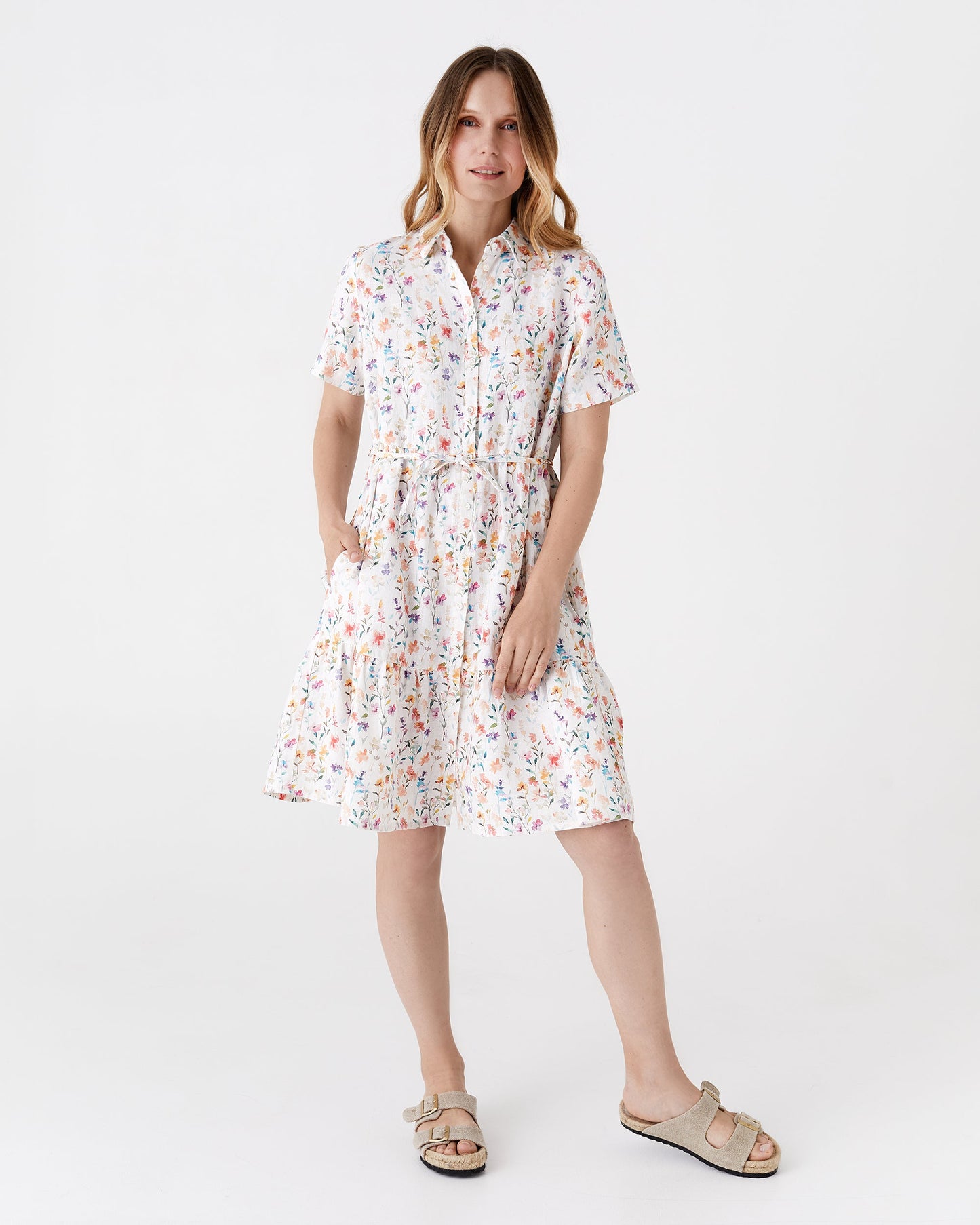 Tiered linen dress PETRA in Petal print - MagicLinen