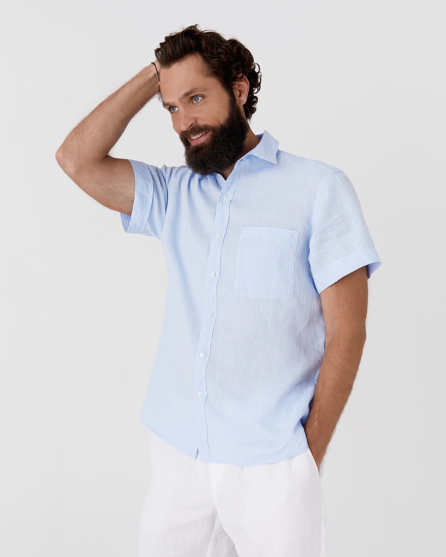 Men's short sleeves linen shirt VERBIER in Sky blue - MagicLinen