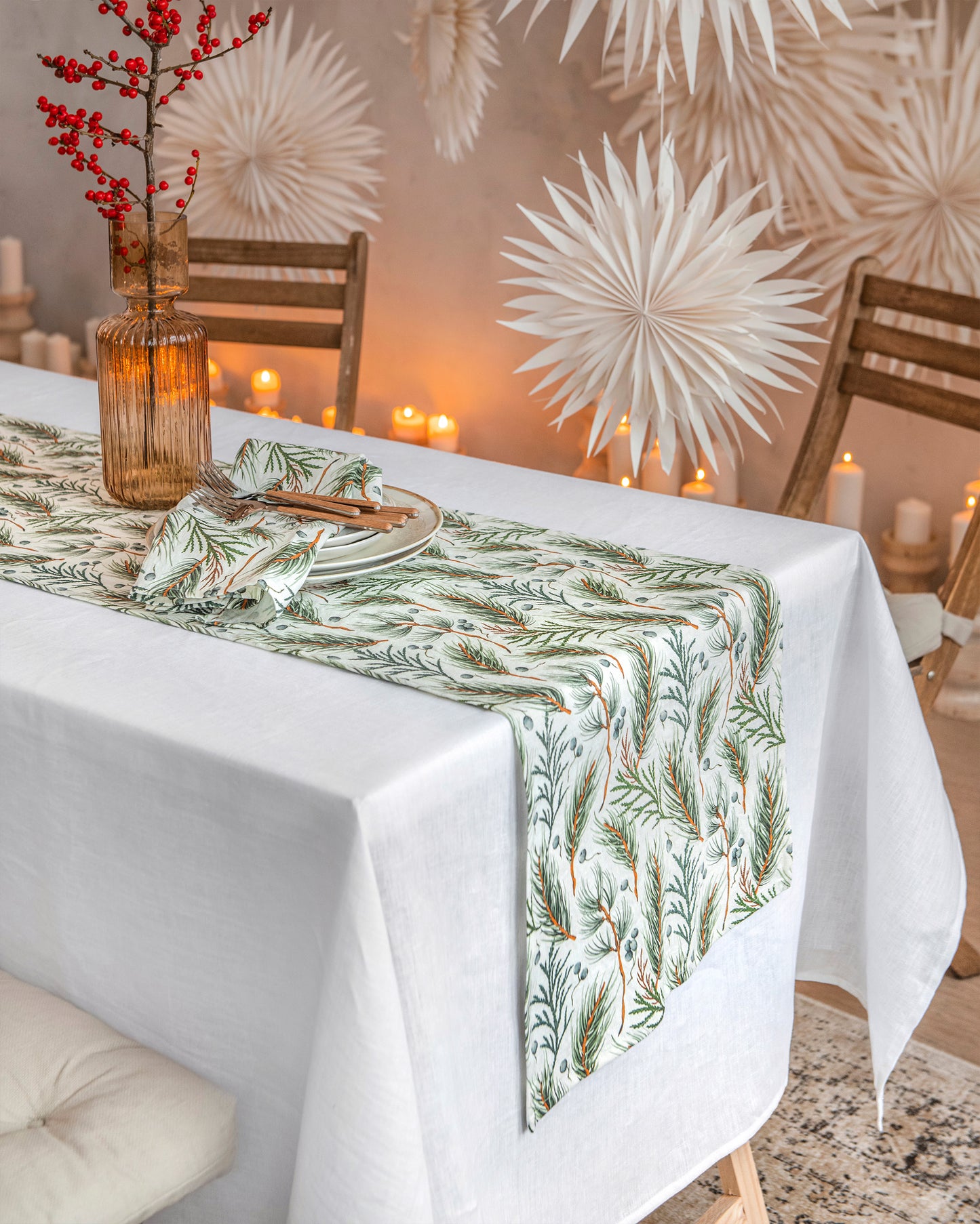 Linen table runner in White & Winter print