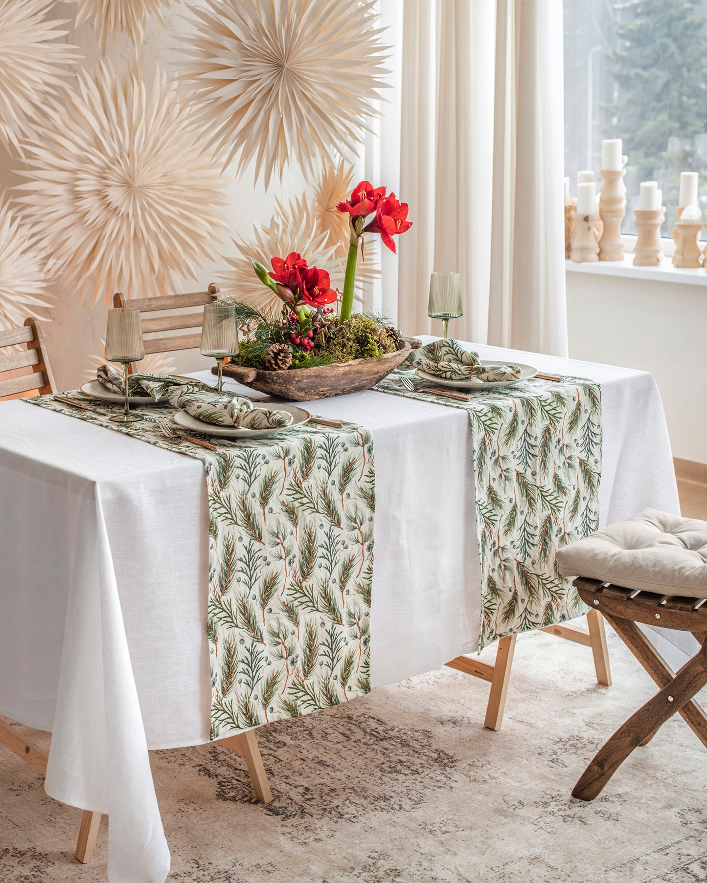 Linen table runner in White & Winter print