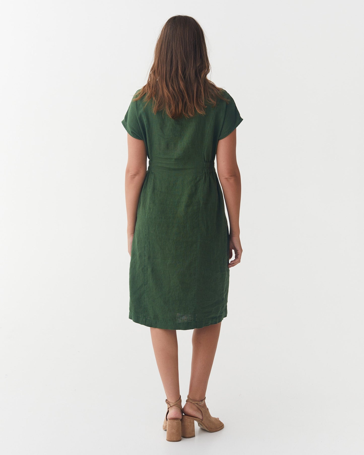 Cap Sleeve Linen Dress SAGUARO in Deep green | MagicLinen