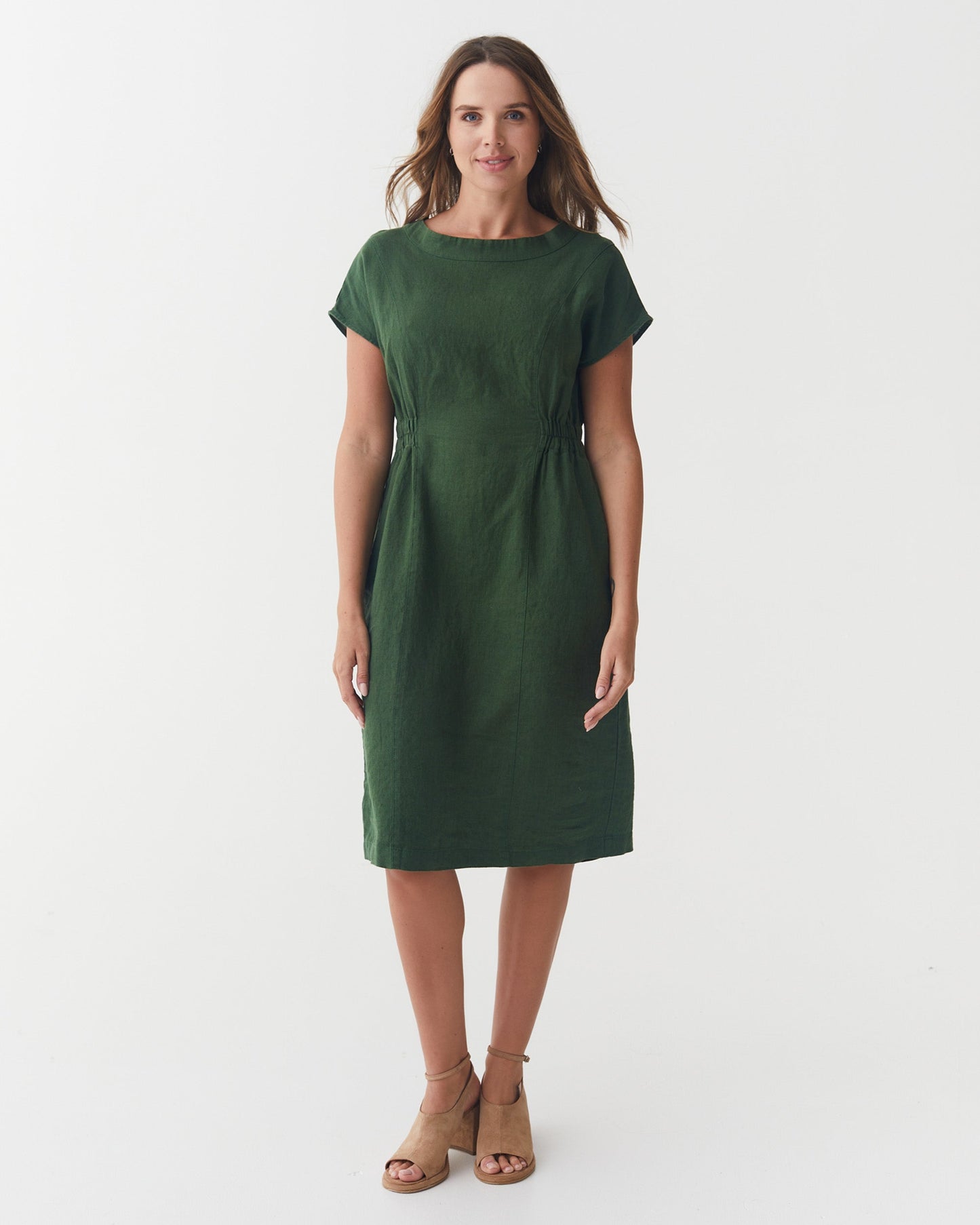 Cap Sleeve Linen Dress SAGUARO in Deep green | MagicLinen modelBoxOn