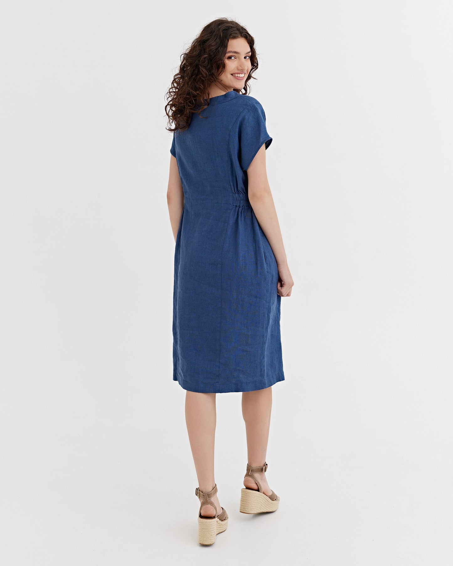 Cap Sleeve Linen Dress SAGUARO in Deep navy blue | MagicLinen