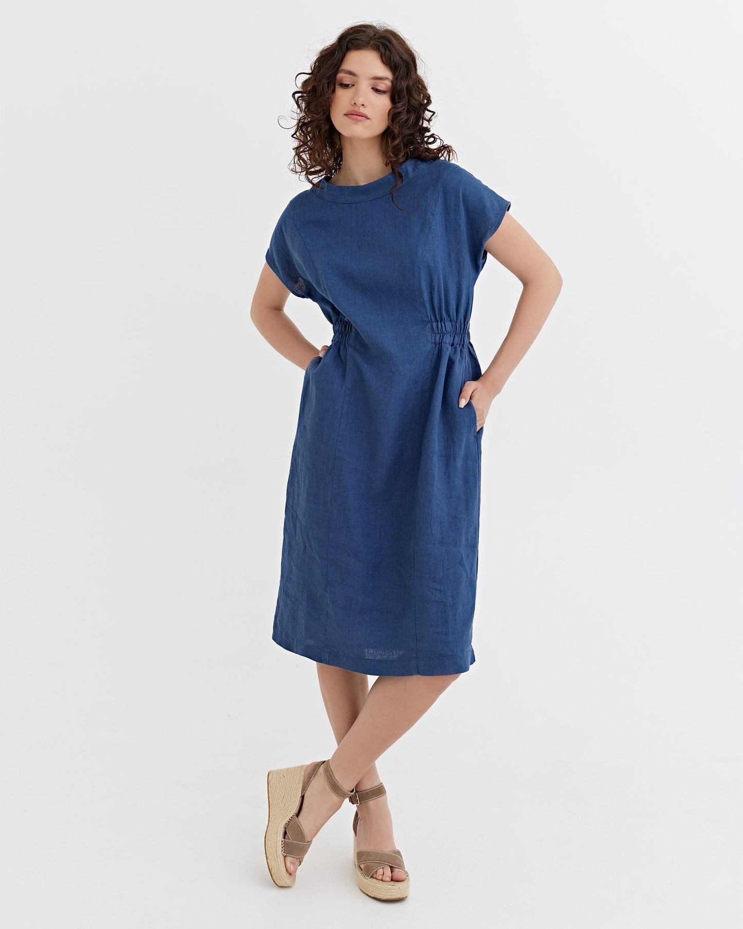 Cap Sleeve Linen Dress SAGUARO in Deep navy blue | MagicLinen
