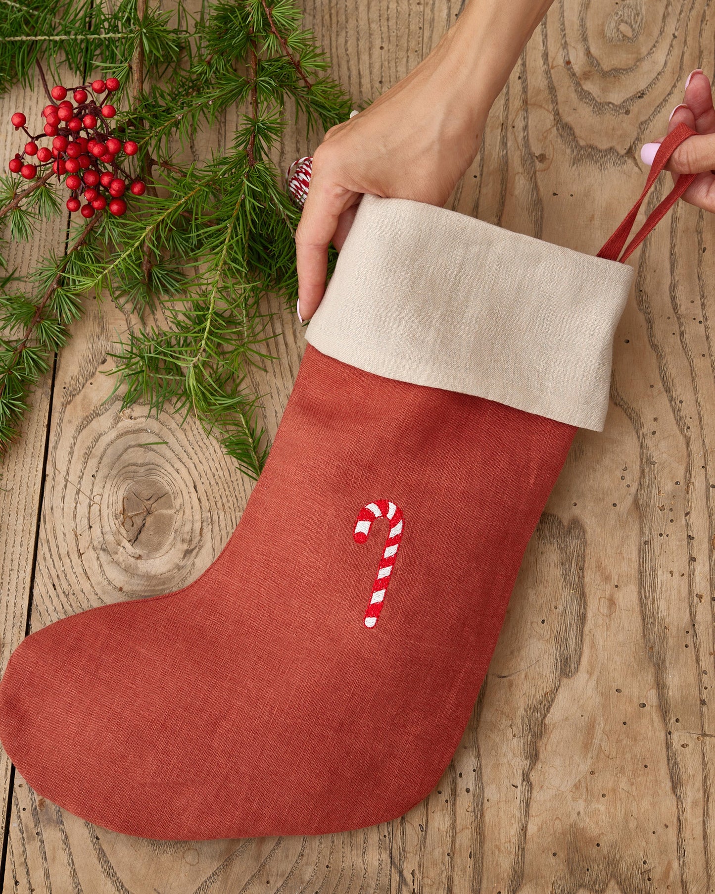 Christmas Stocking in embroidered Candy cane | MagicLinen