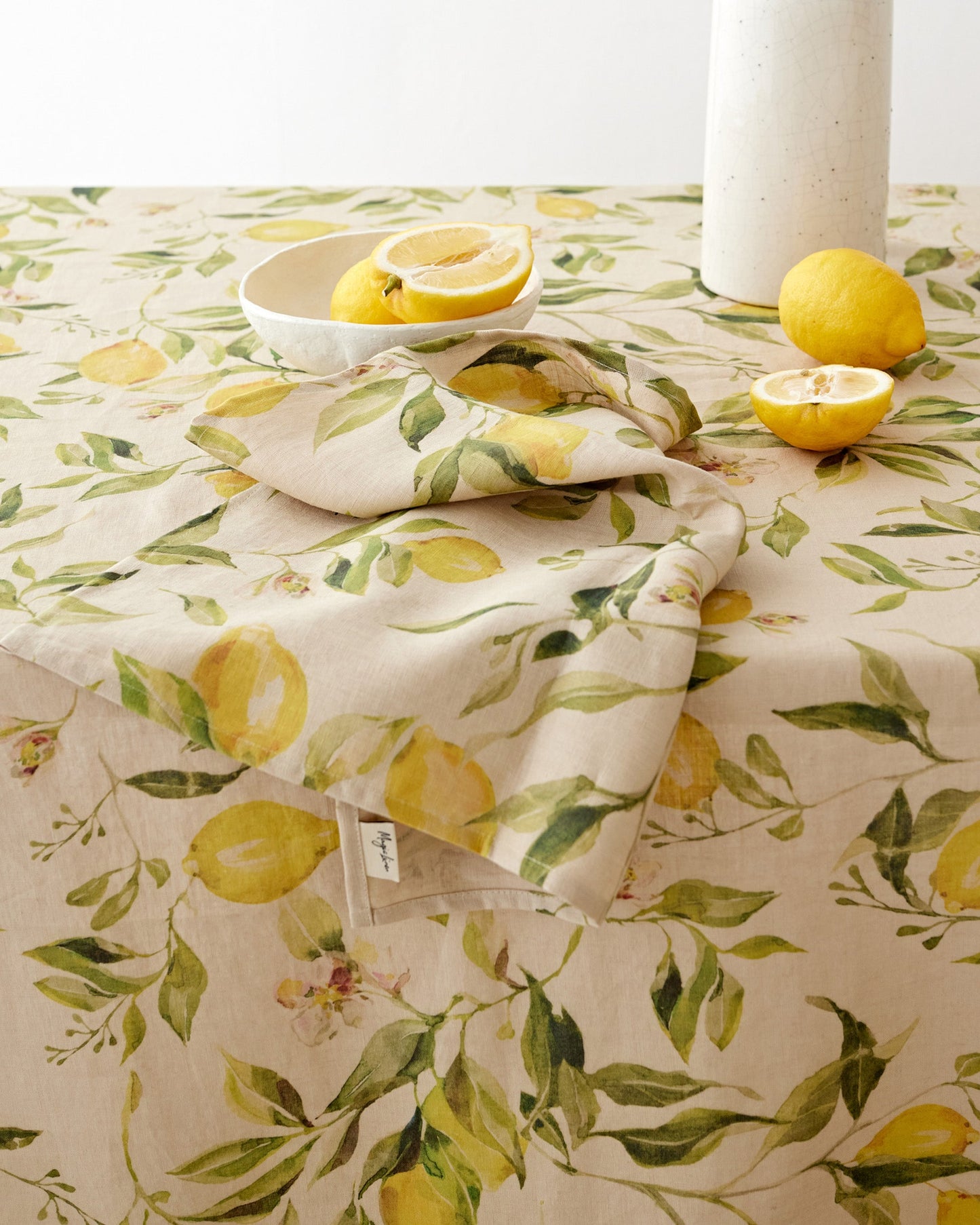 Citrus garden print on natural linen tablecloth | MagicLinen