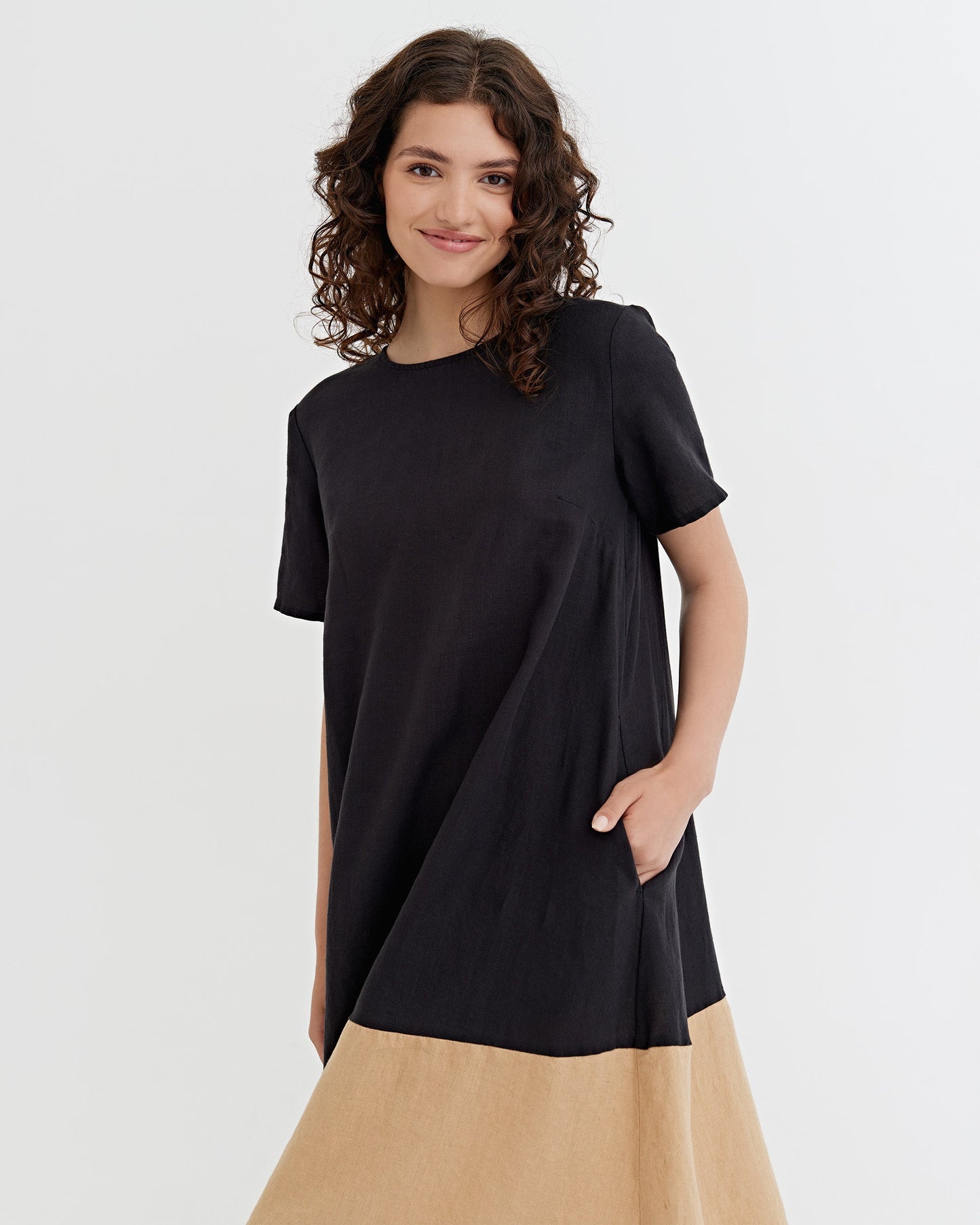 Color-block Linen Dress SCILLA in black-caramel | MagicLinen