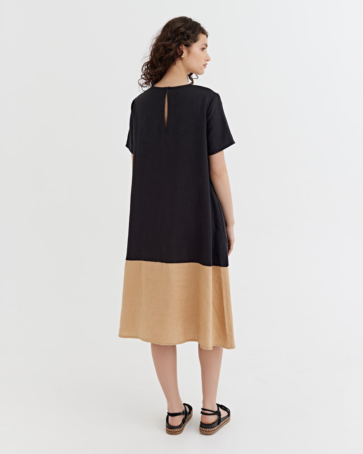 Color-block Linen Dress SCILLA in black-caramel | MagicLinen