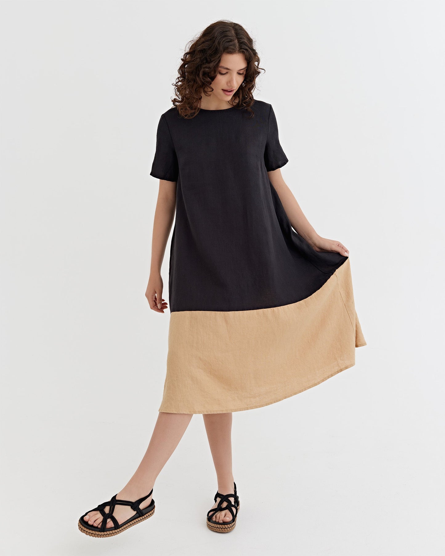 Color-block Linen Dress SCILLA in black-caramel | MagicLinen