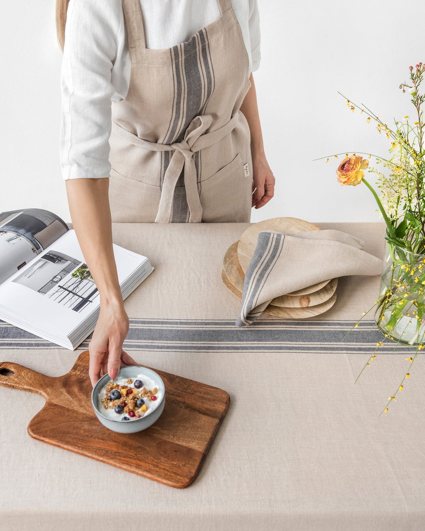 Linen bib apron in traditional gray stripes - MagicLinen