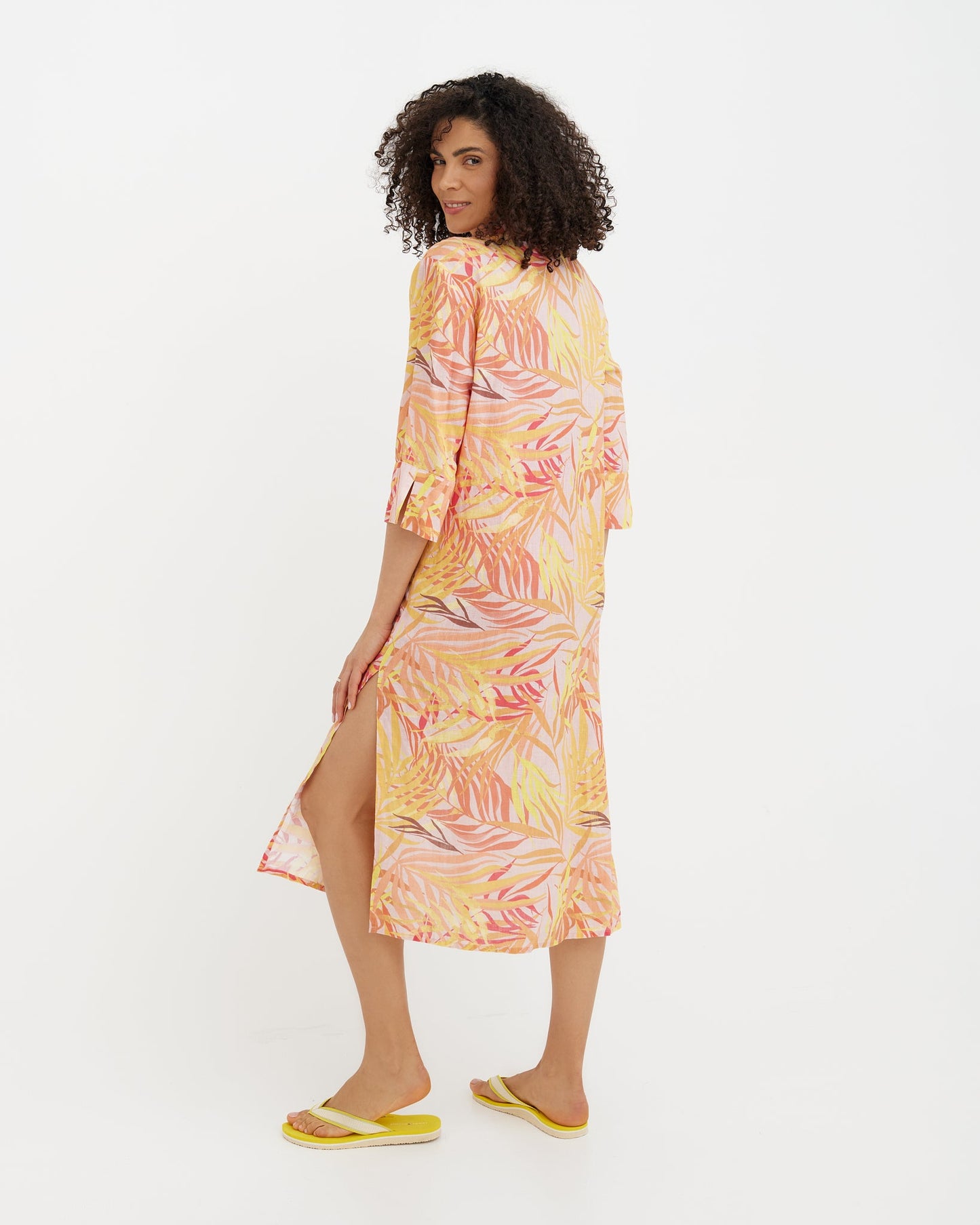 MagicLinen Sunset palms print Linen Beach Dress LA JOLLA with shirt neckline and 3/4 sleeves