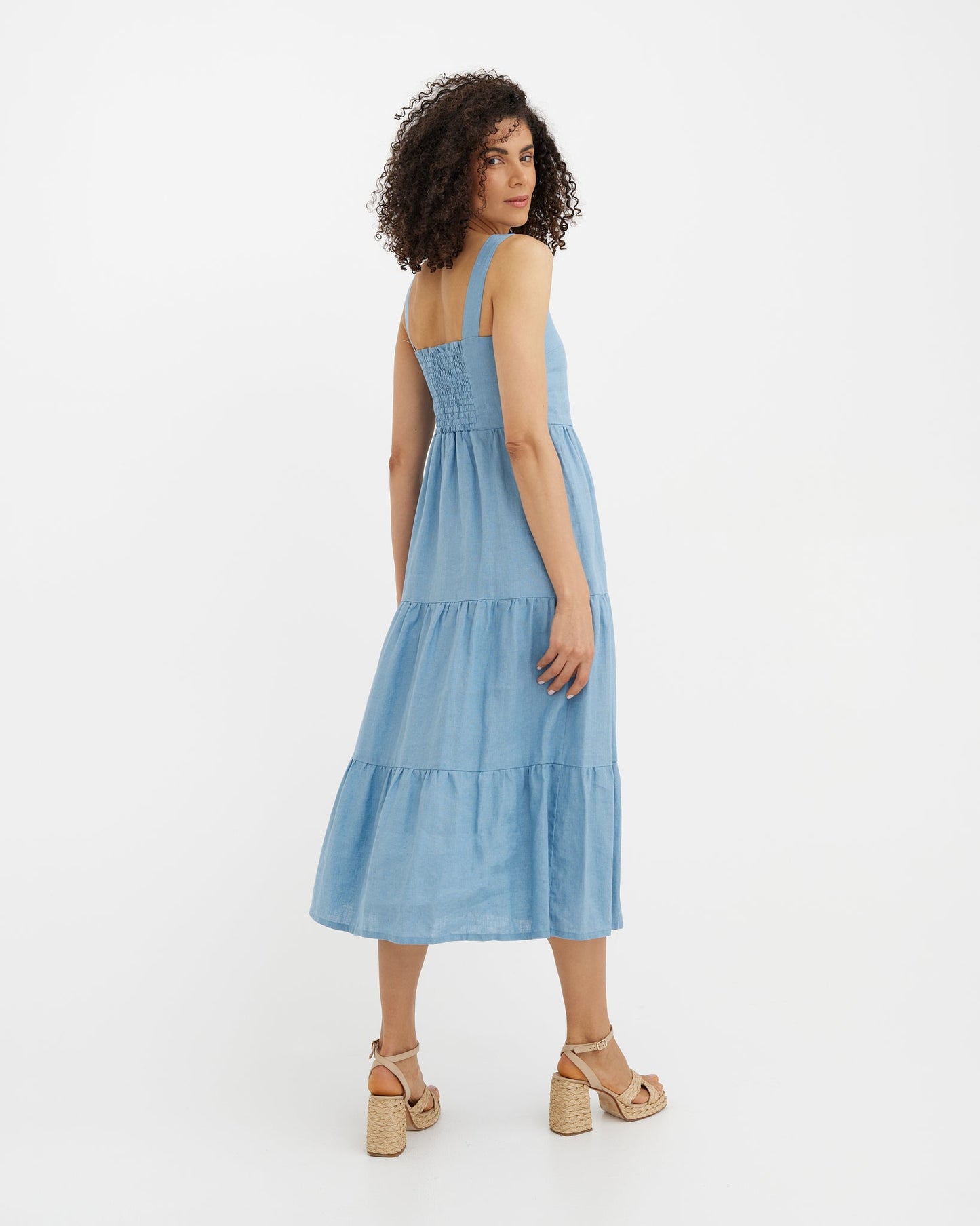 MagicLinen Soft blue women’s linen midi dress with inseam side pockets