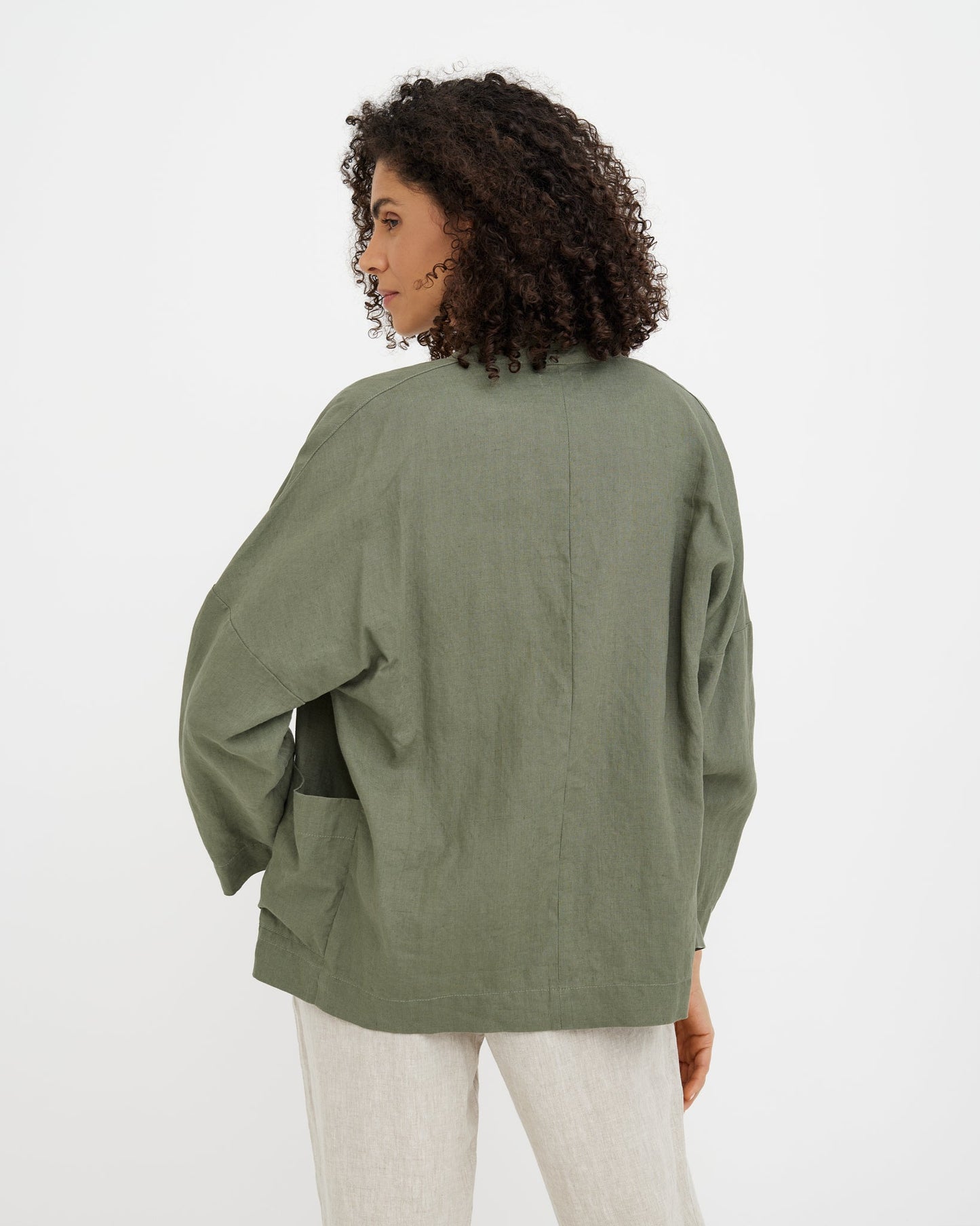 MagicLinen Mist Green LOS ANGELES jacket showing hip-length coverage