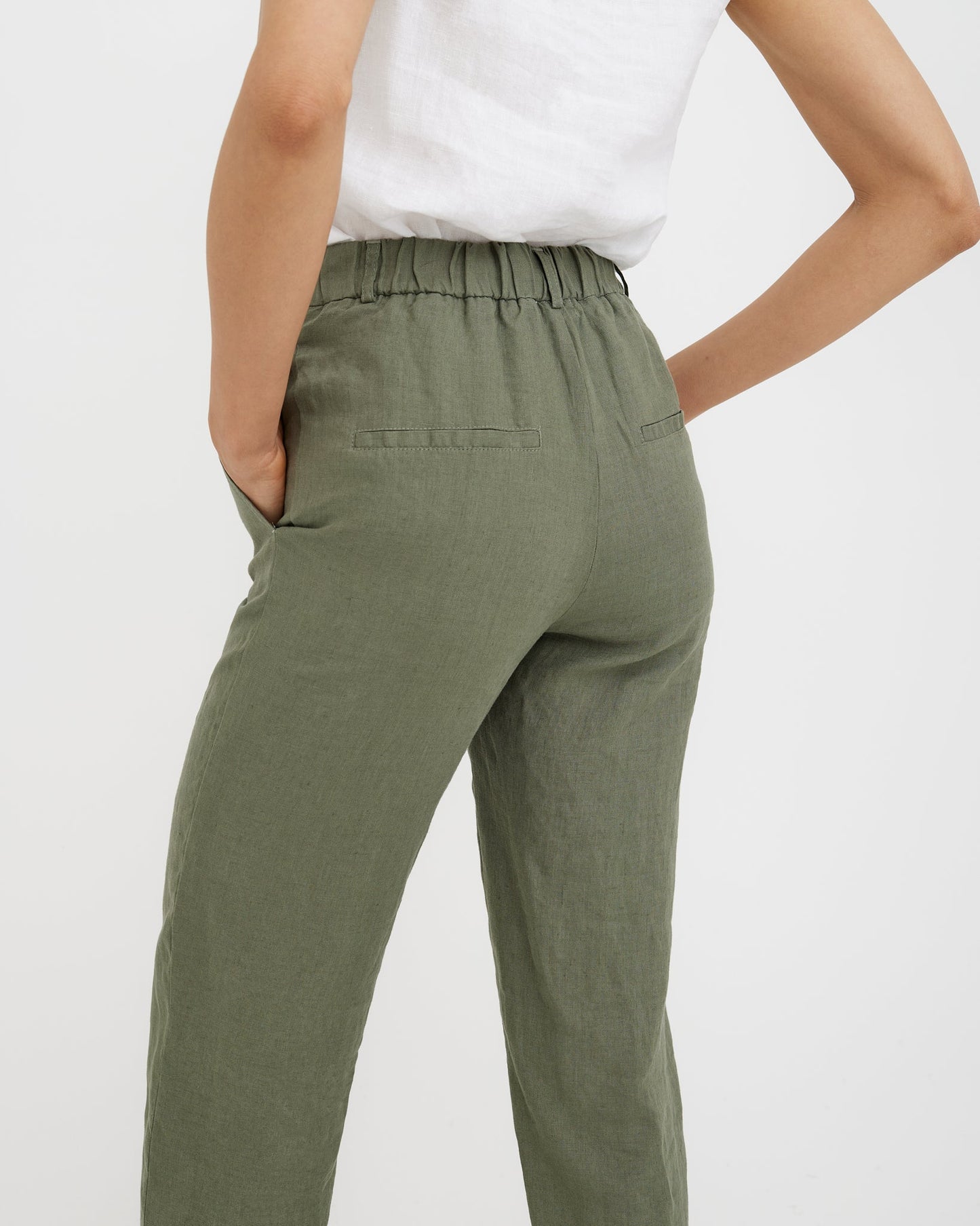 MagicLinen Mist Green Linen Pants SEATTLE, partially elasticated waistband detail