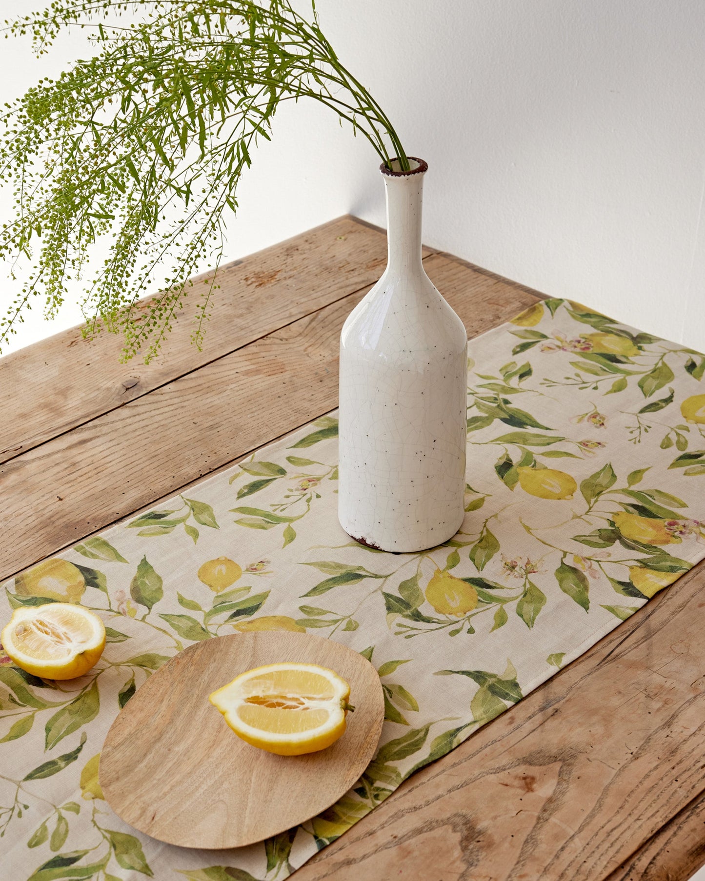 Linen Table Runner in Citrus garden print on natural | MagicLinen