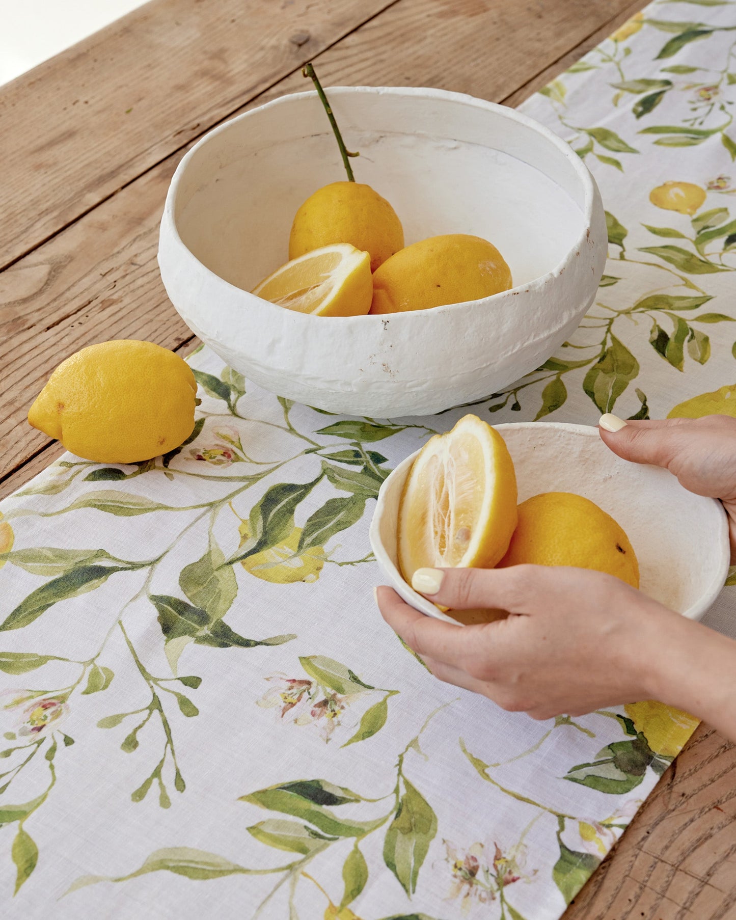 Linen Table Runner in Citrus garden print on white | MagicLinen