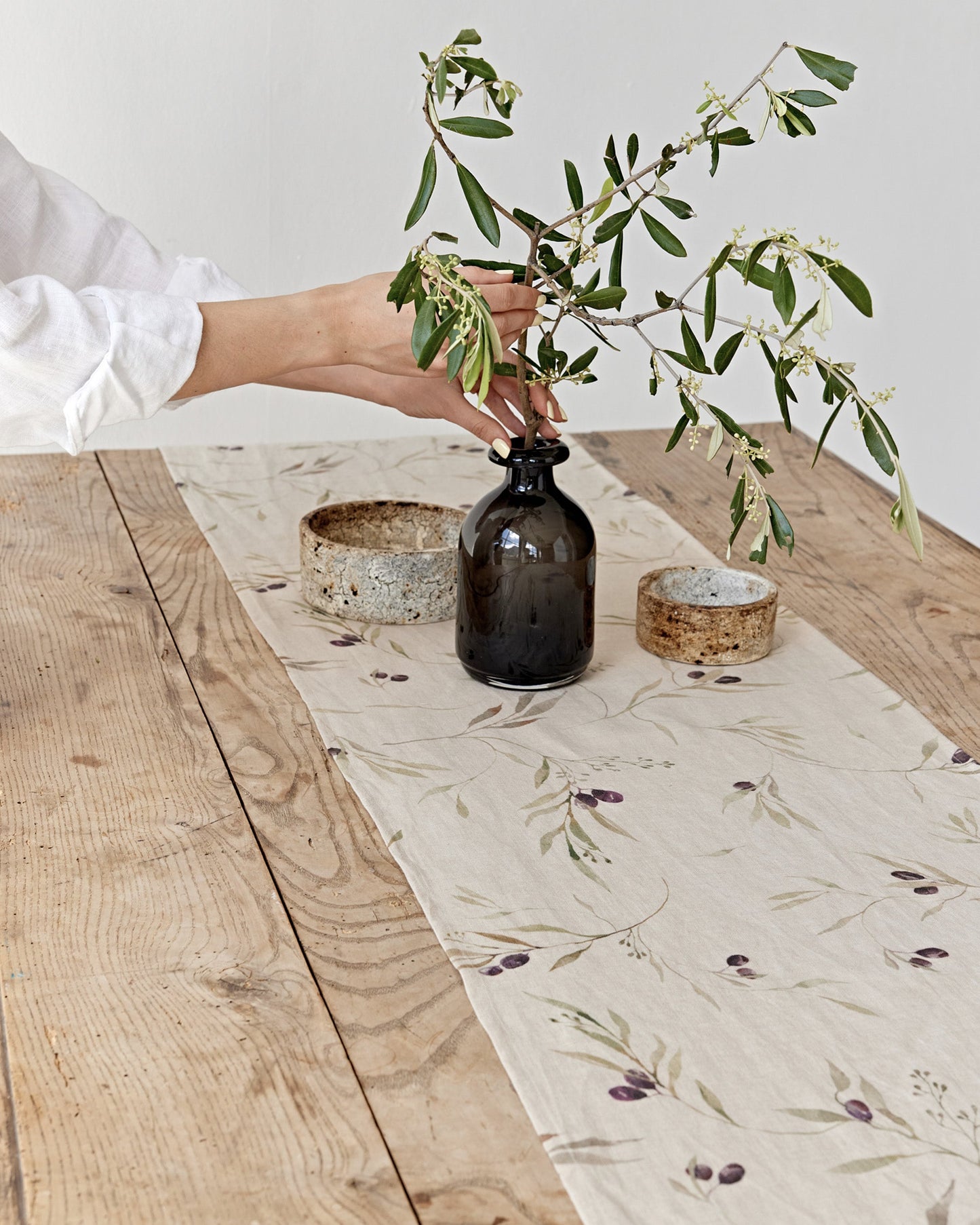 Linen Table Runner in Olive orchard print on natural | MagicLinen