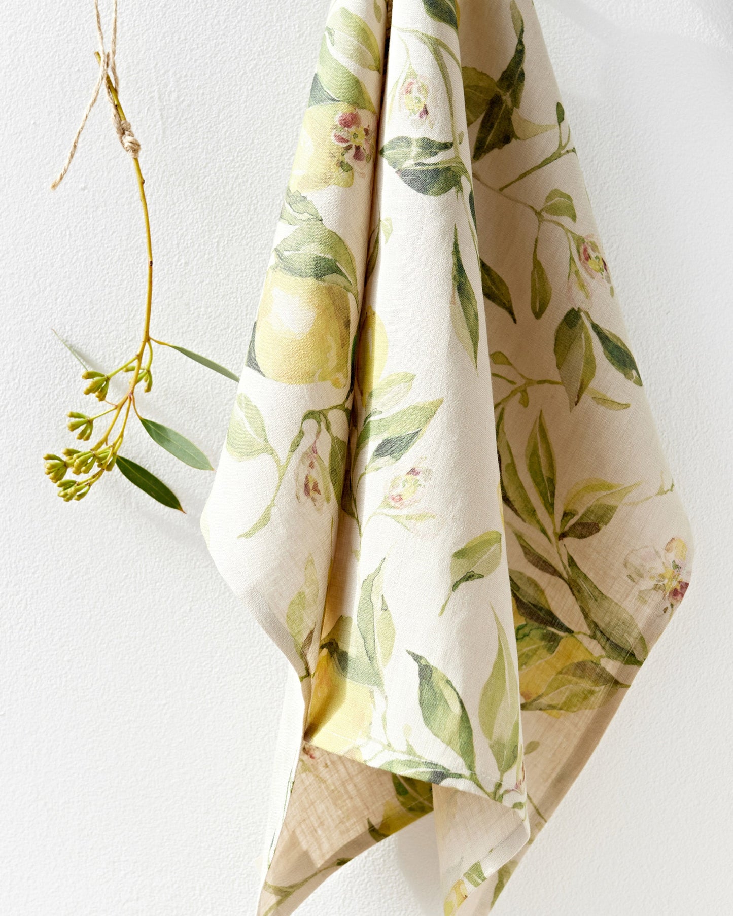 Linen tea towel in Citrus garden print on natural | MagicLinen