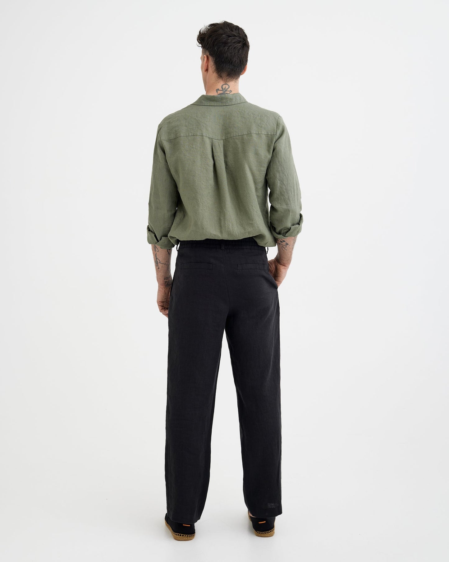 MagicLinen Black European flax linen pants, plain weave texture close-up