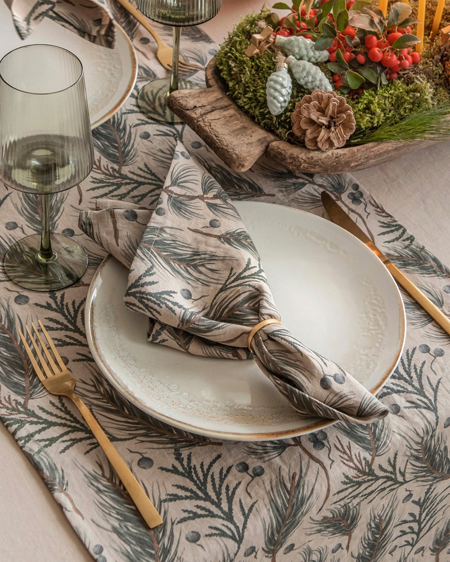 Natural & Winter print linen napkin set of 2