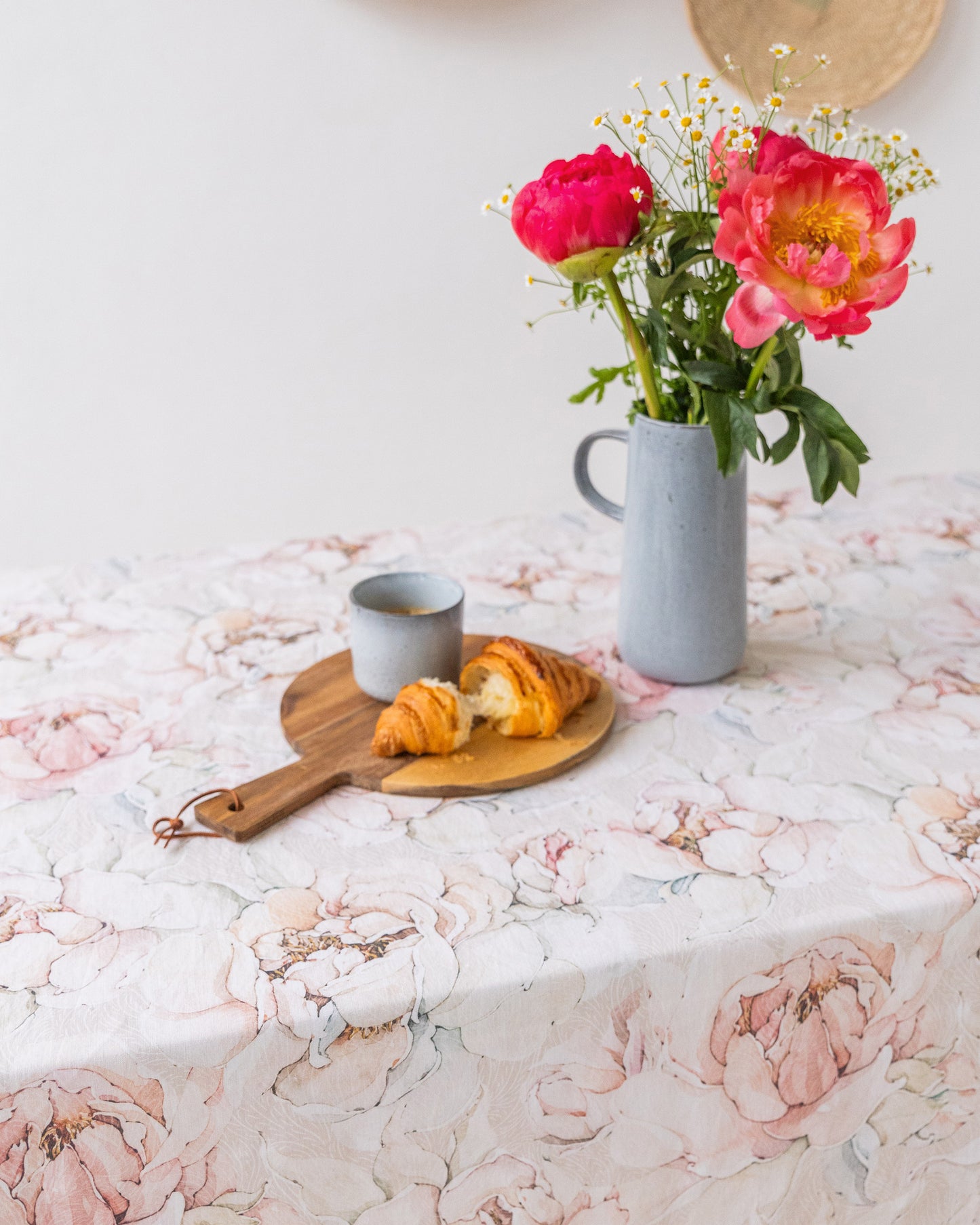 Pastel peonies print linen tablecloth