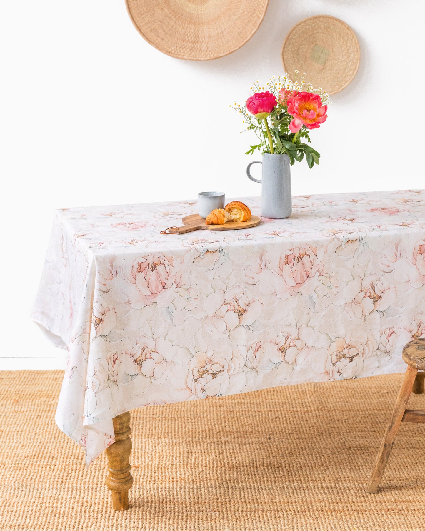 Pastel peonies print linen tablecloth