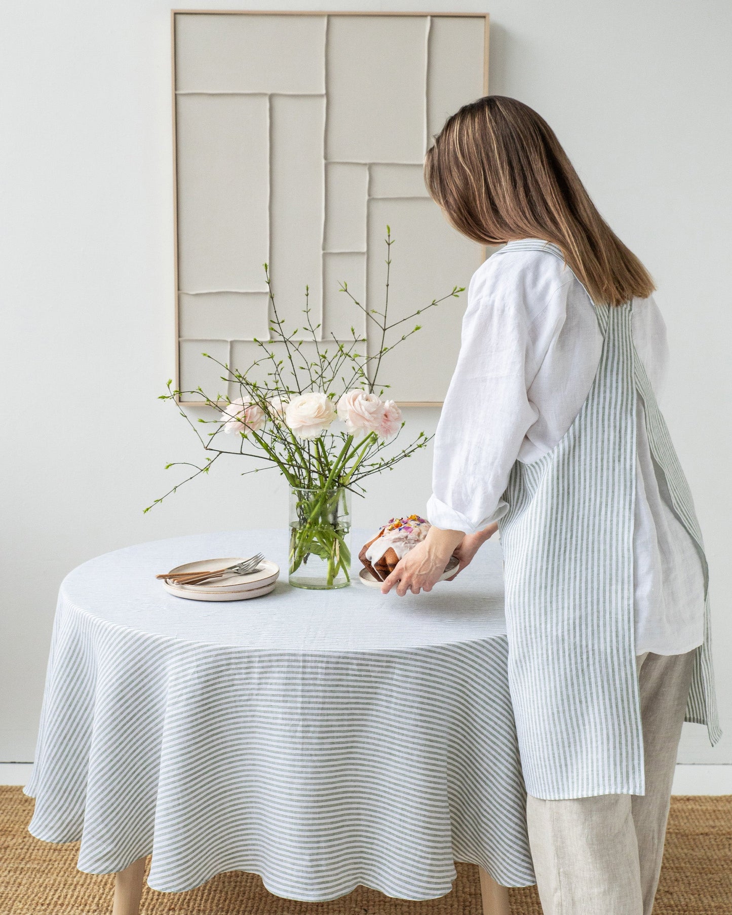 Round Linen Tablecloth in Striped in Forest Green | MagicLinen