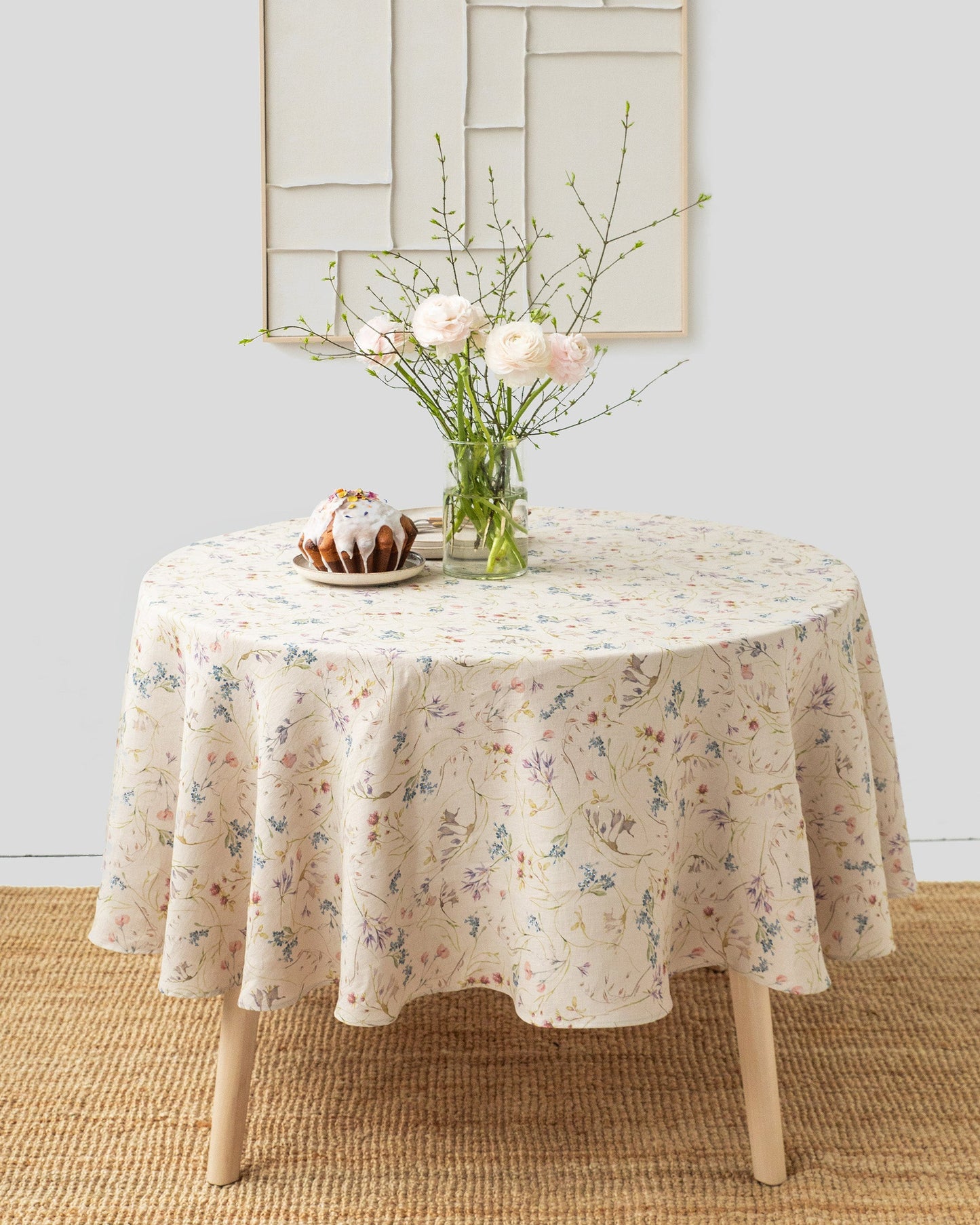 Round linen tablecloth in Wildflowers print on natural
