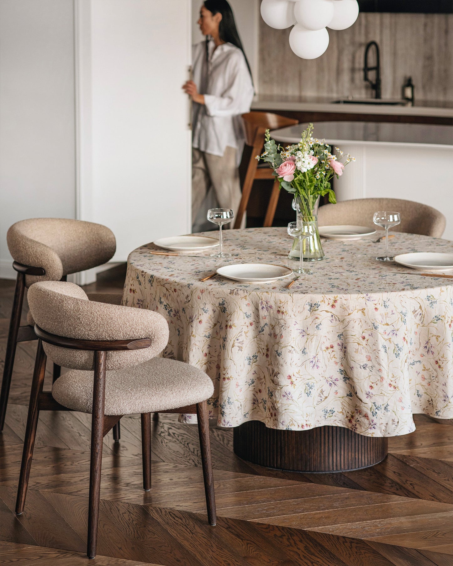 Round Linen Tablecloth in Wildflowers print on natural | MagicLinen