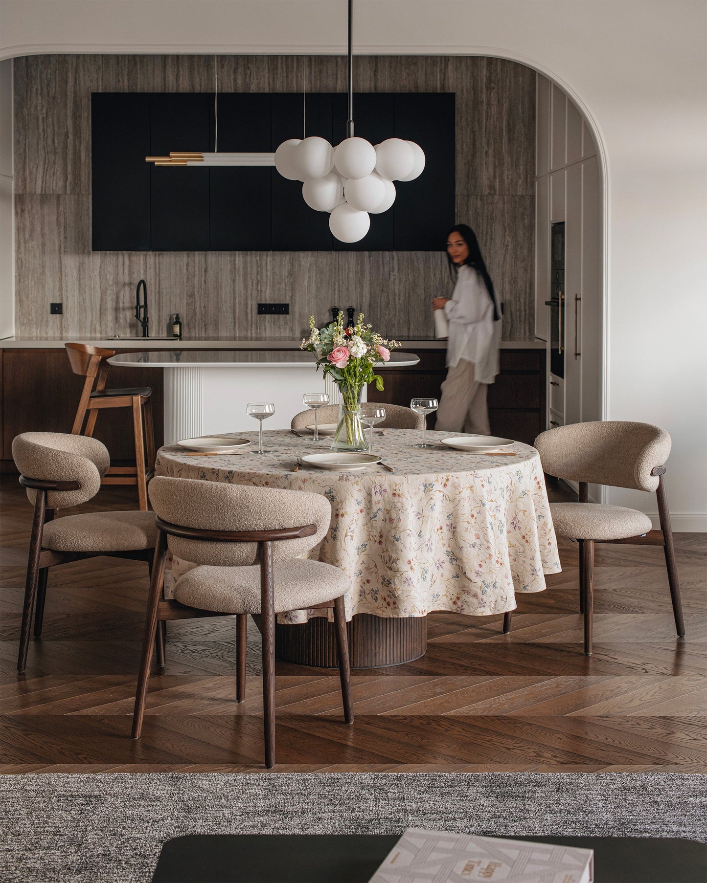 Round Linen Tablecloth in Wildflowers print on natural | MagicLinen