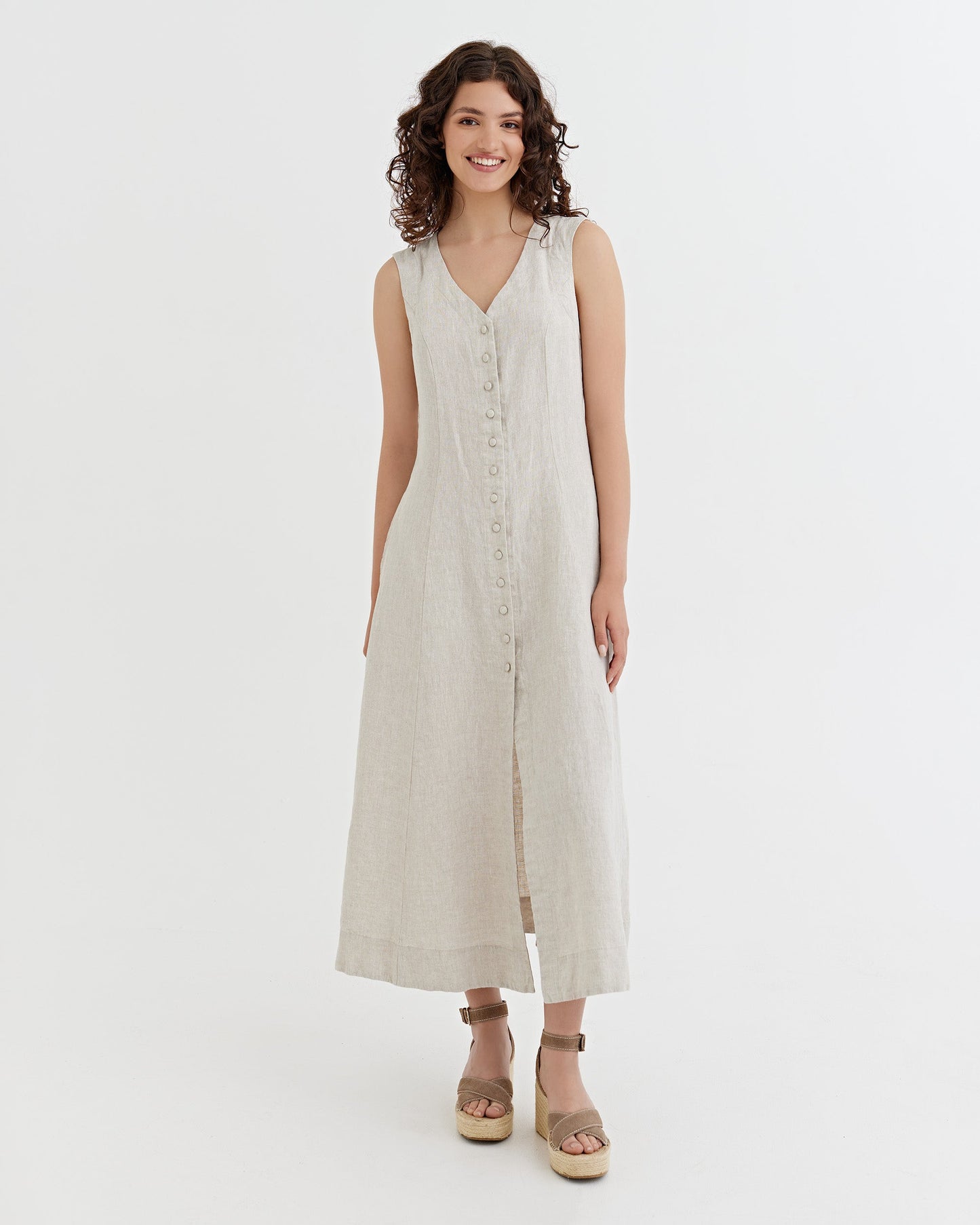 Sleeveless Linen Dress ACADIA in Natural melange | MagicLinen modelBoxOn
