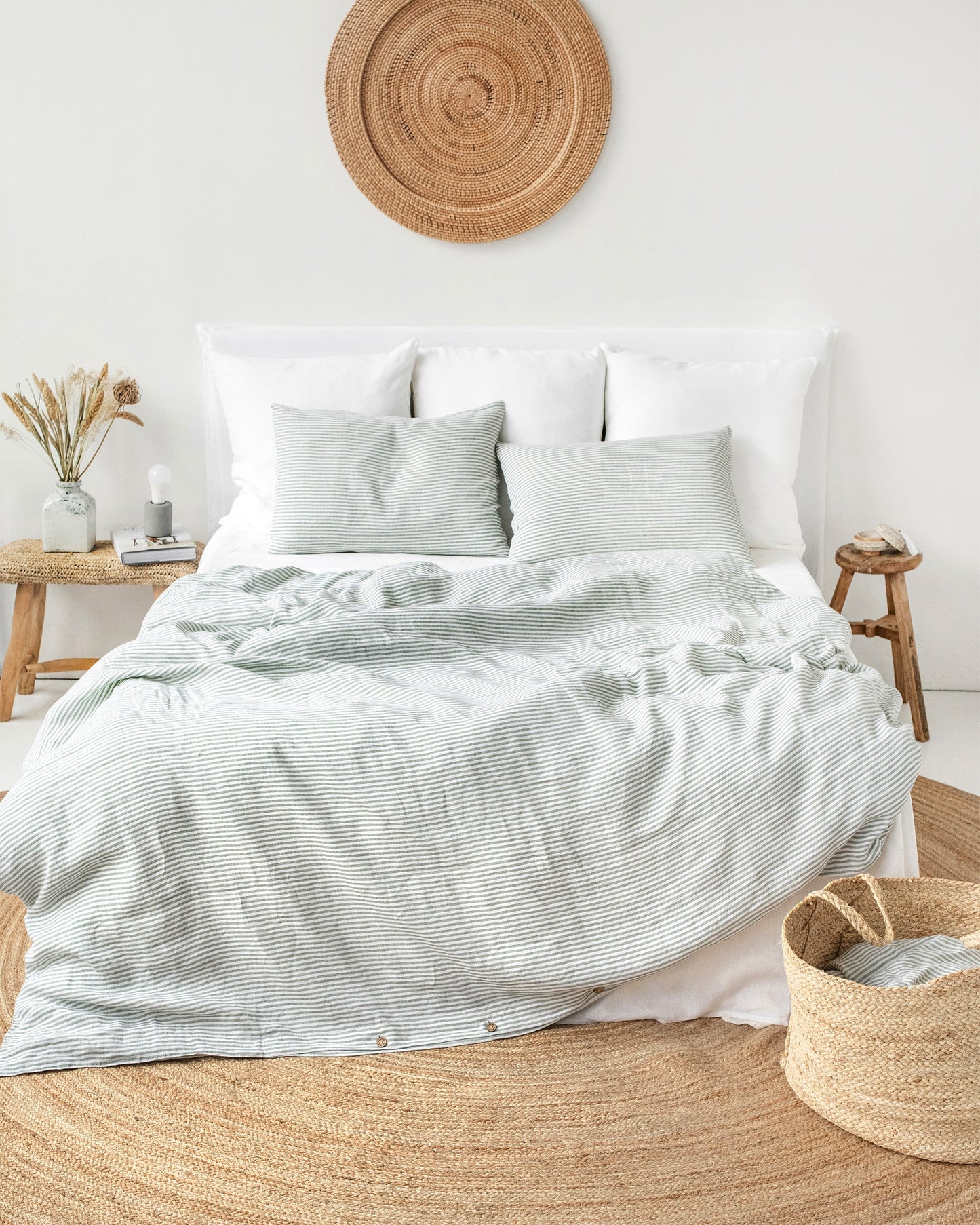 Striped in forest green linen pillowcase