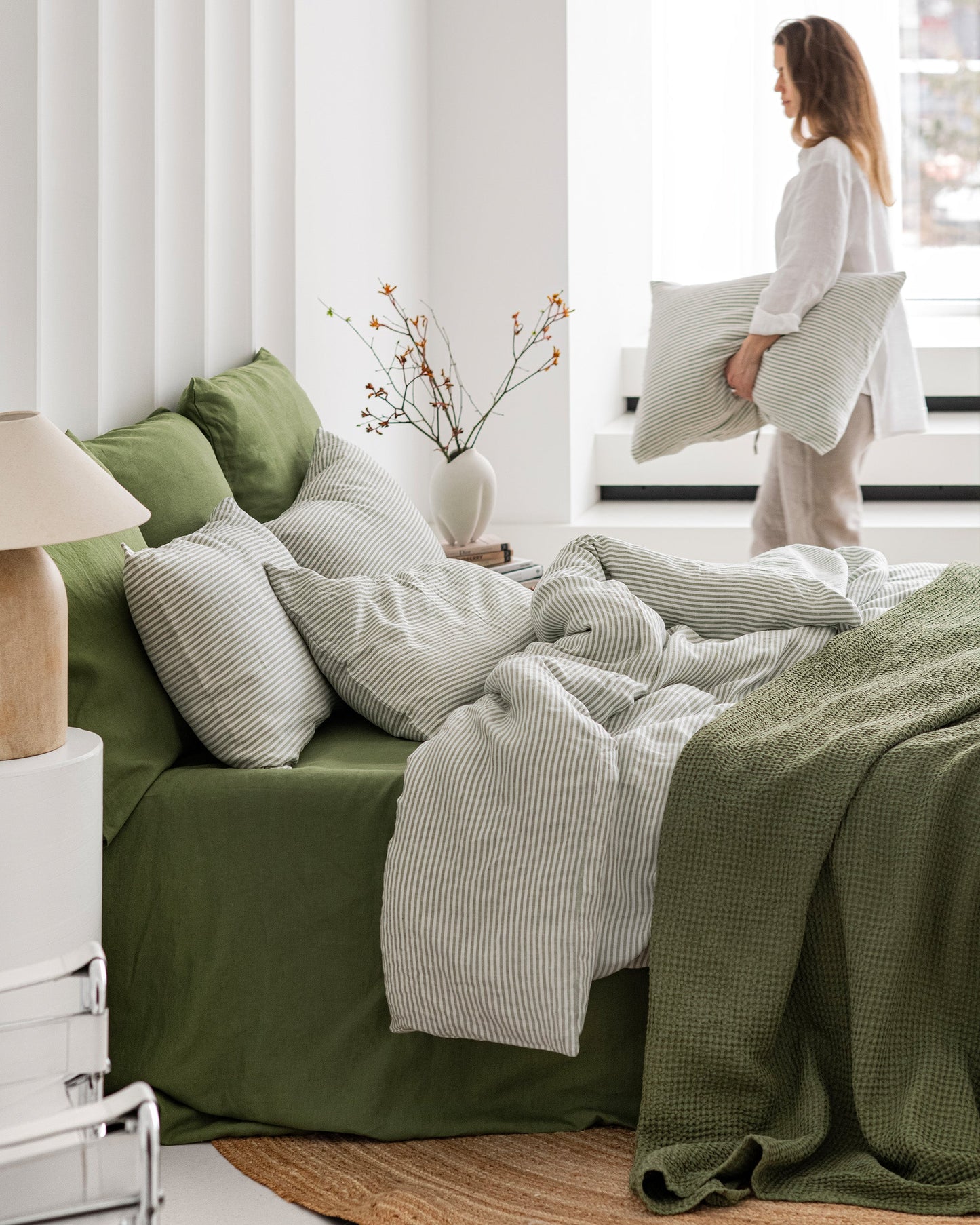 Striped in forest green linen duvet cover