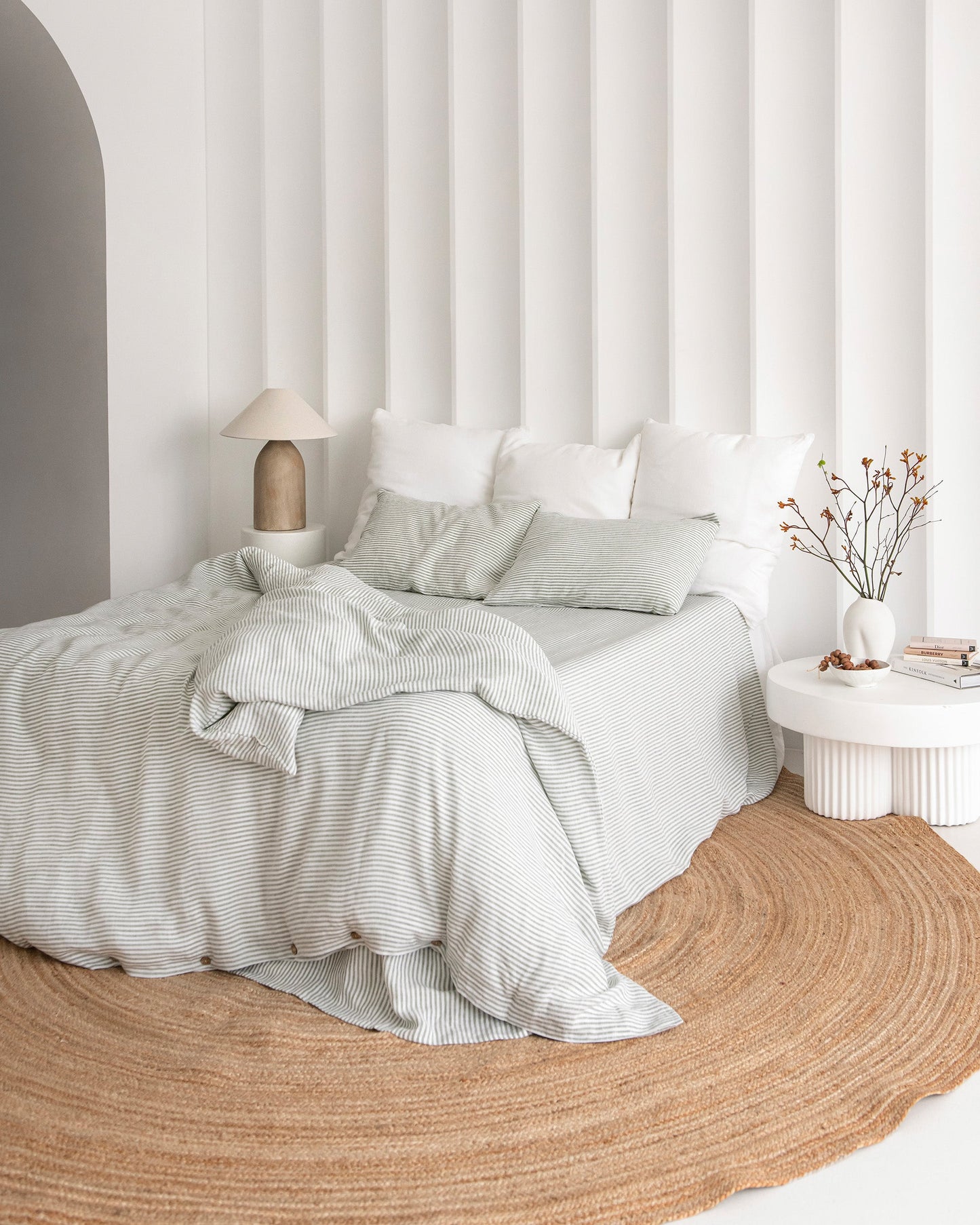 Striped in forest green linen duvet cover