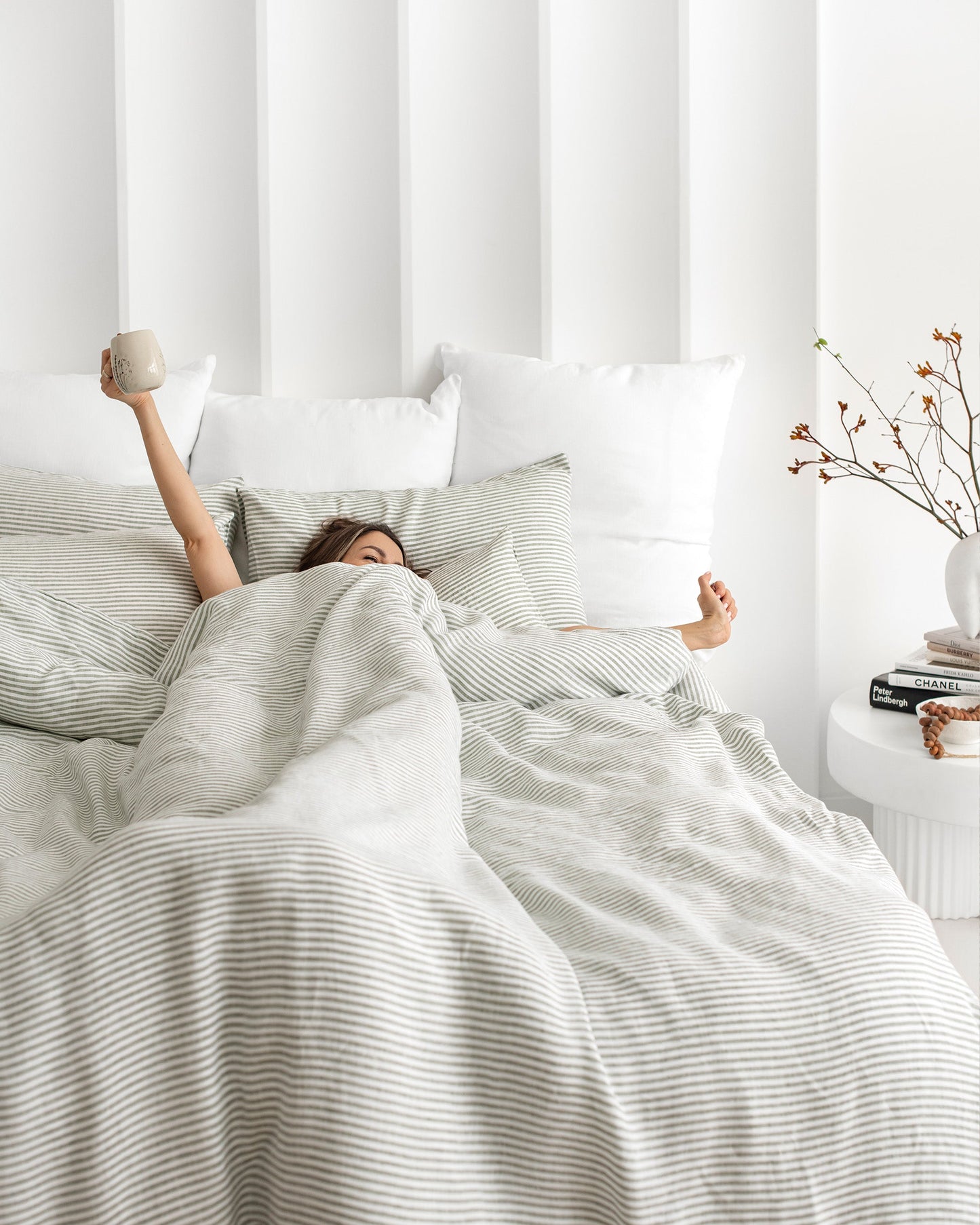 Striped in forest green linen duvet cover