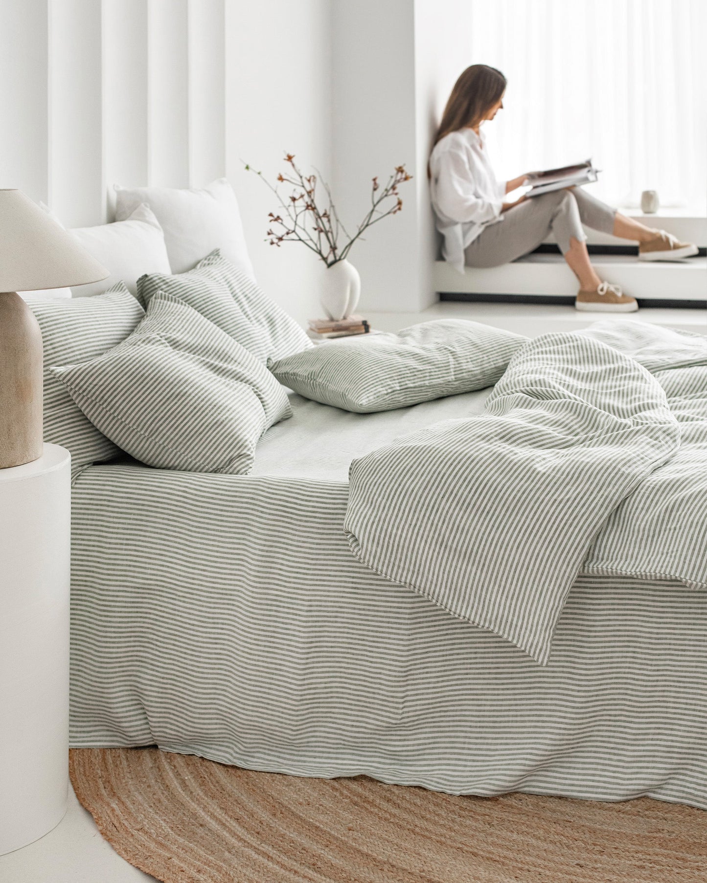 Striped in forest green linen duvet cover