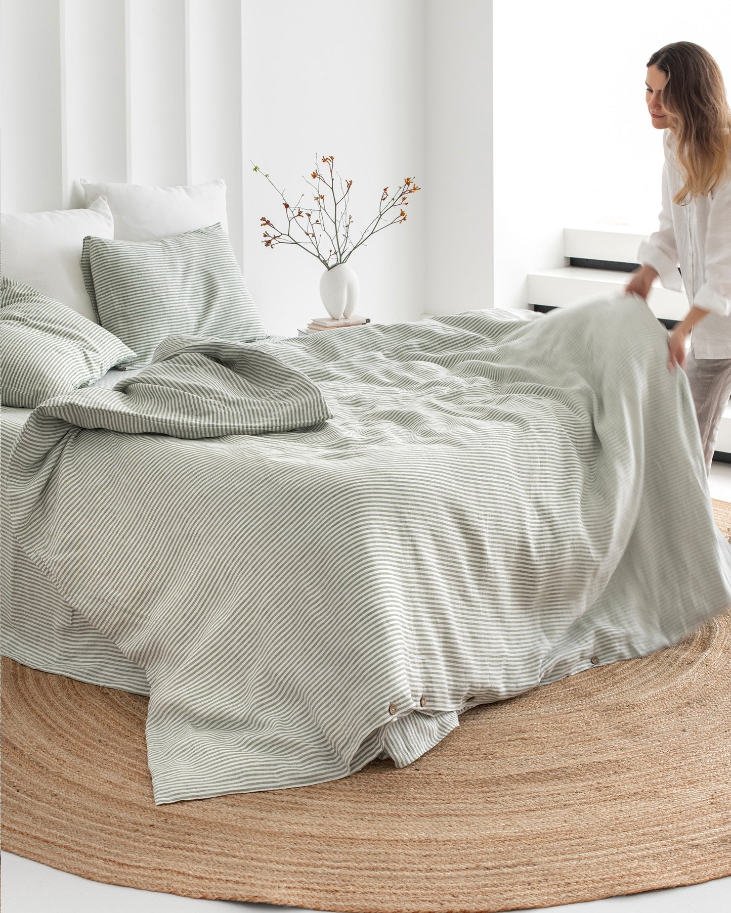 Striped in forest green linen duvet cover