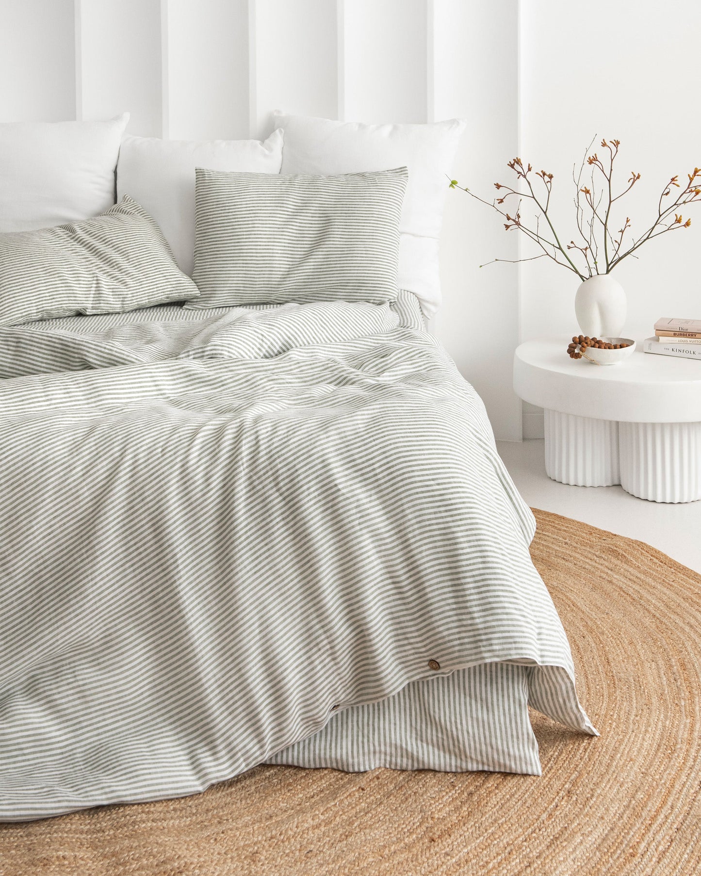 Striped in forest green linen duvet cover