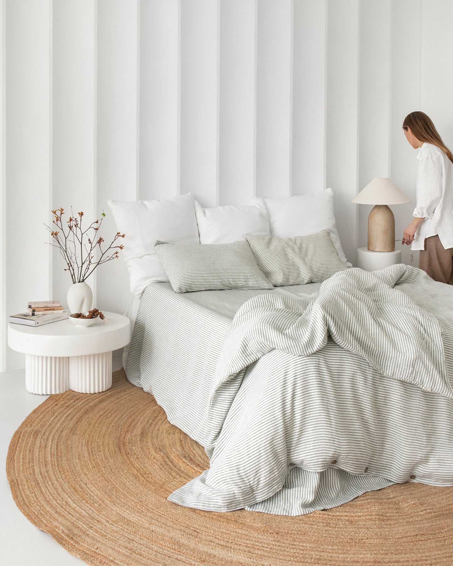 Striped in forest green linen duvet cover