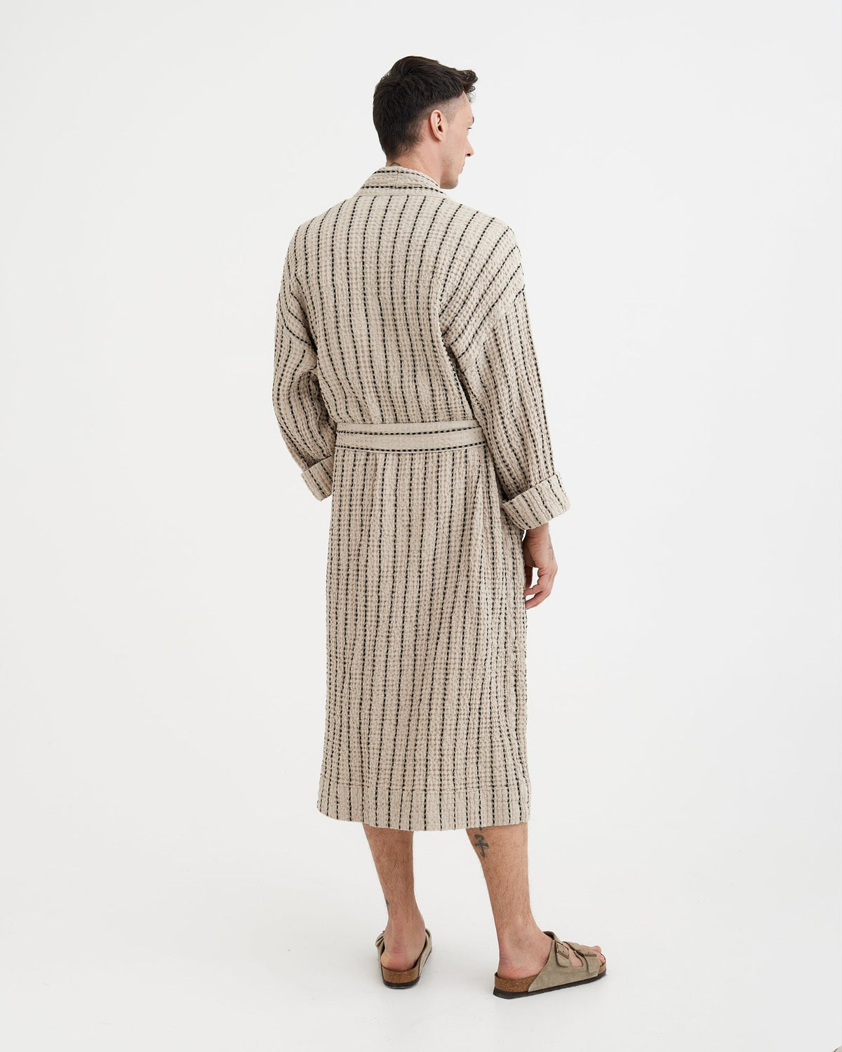 Men's waffle linen robe in Thin striped