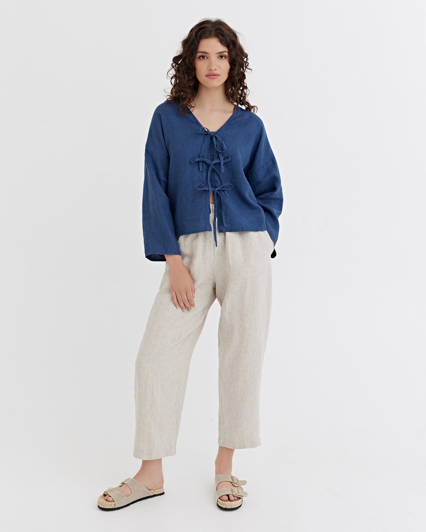Tie-Front top ORIOLO in Deep navy blue | MagicLinen