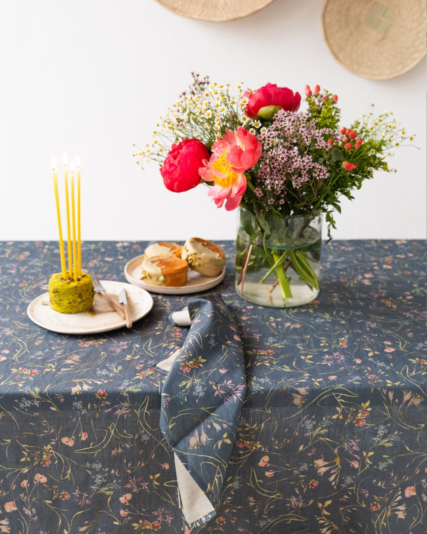 Wildflowers print on deep navy blue Linen Tablecloth | MagicLinen