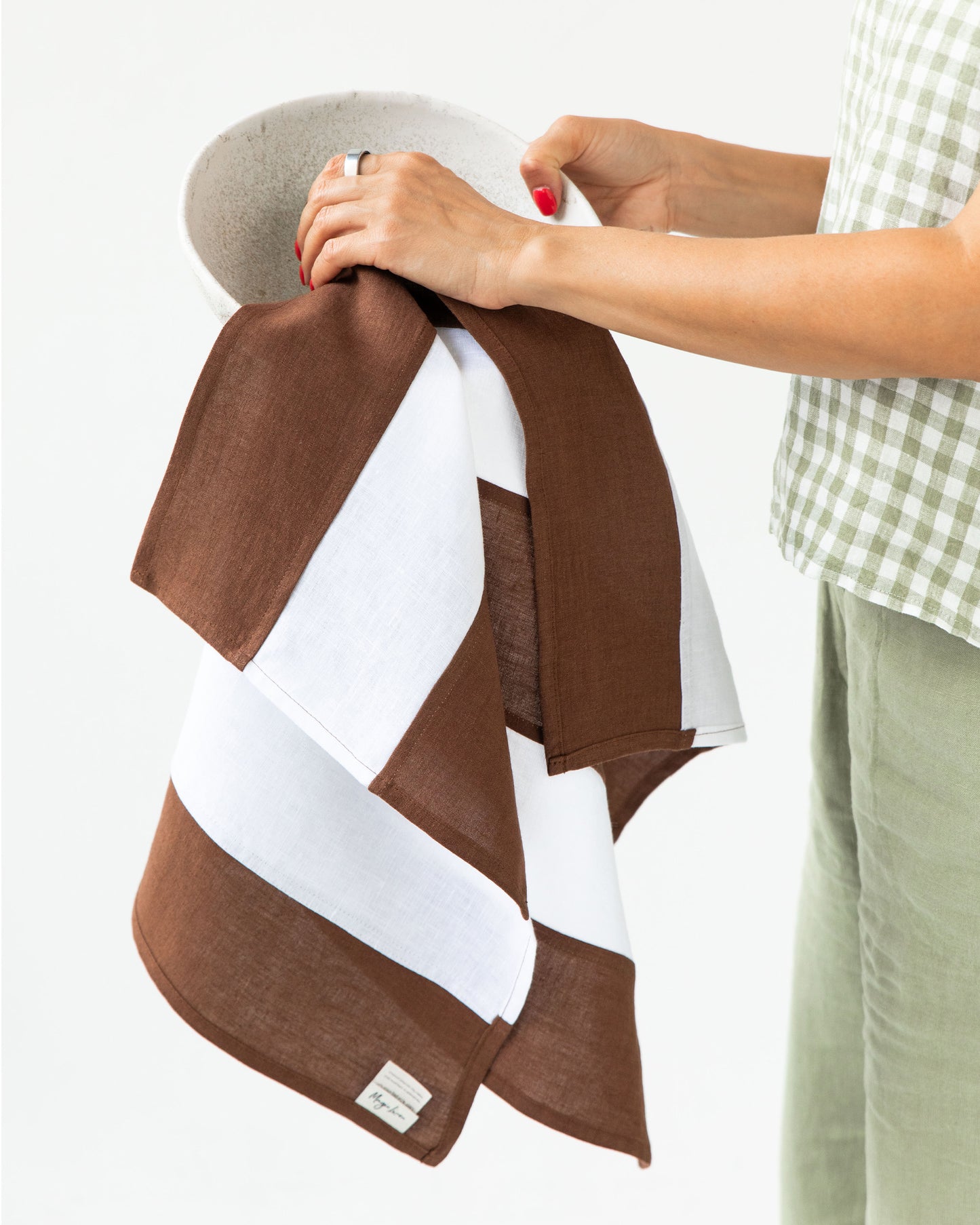 Zero-waste striped linen tea towel in Chocolate brown