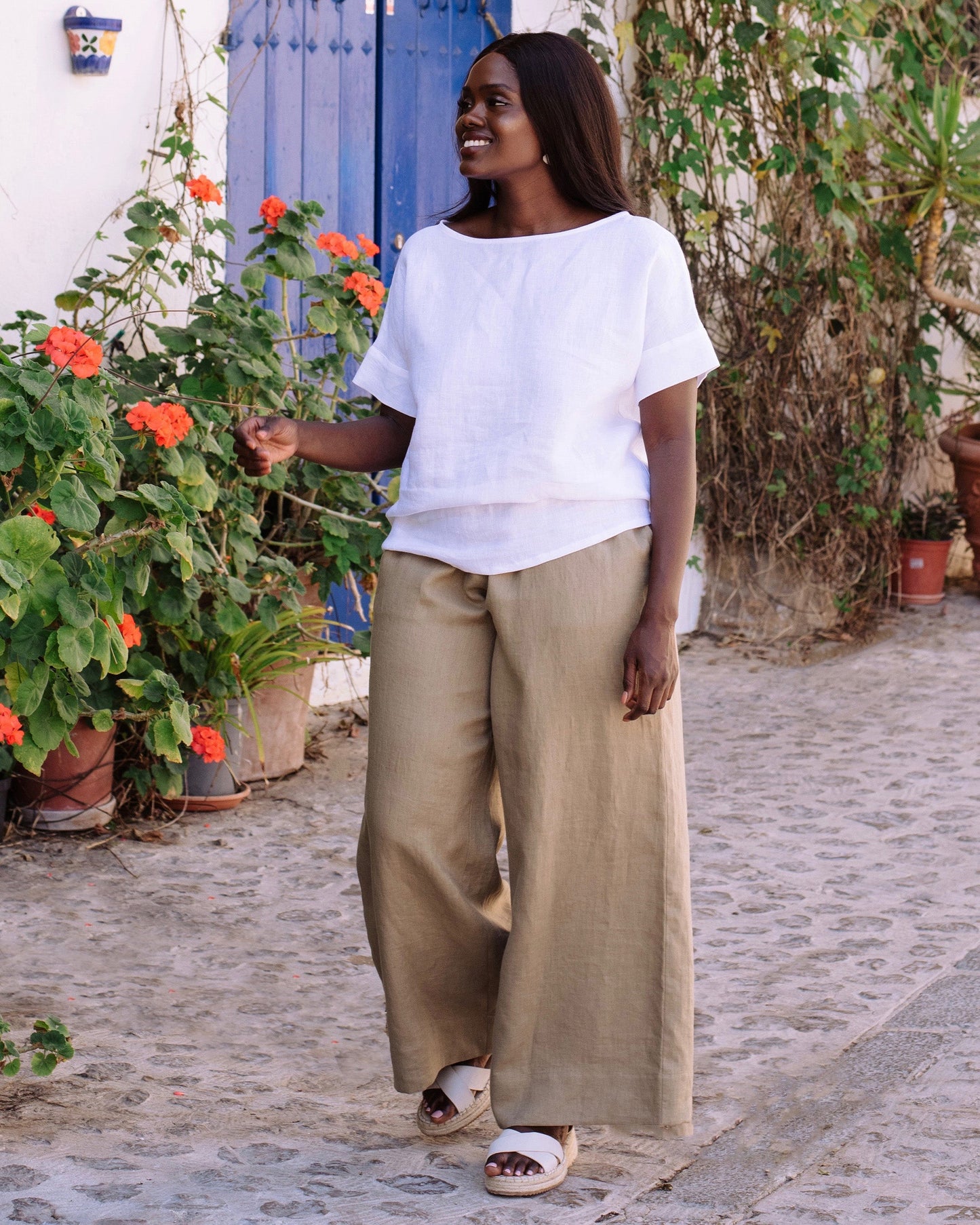 Wide leg linen pants ALCUDIA in Dried moss - MagicLinen