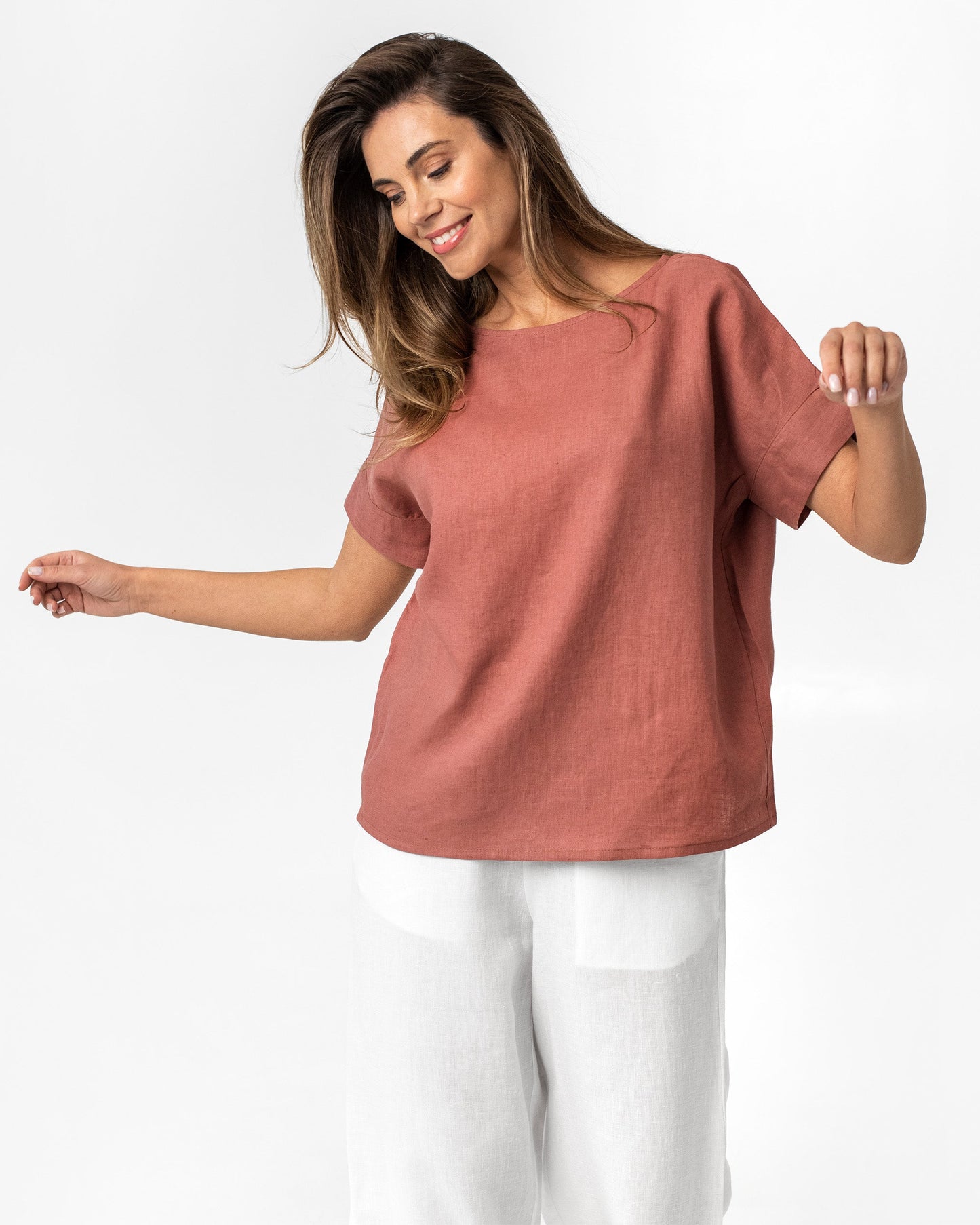 Short-sleeved linen top AMED in Clay pink - MagicLinen