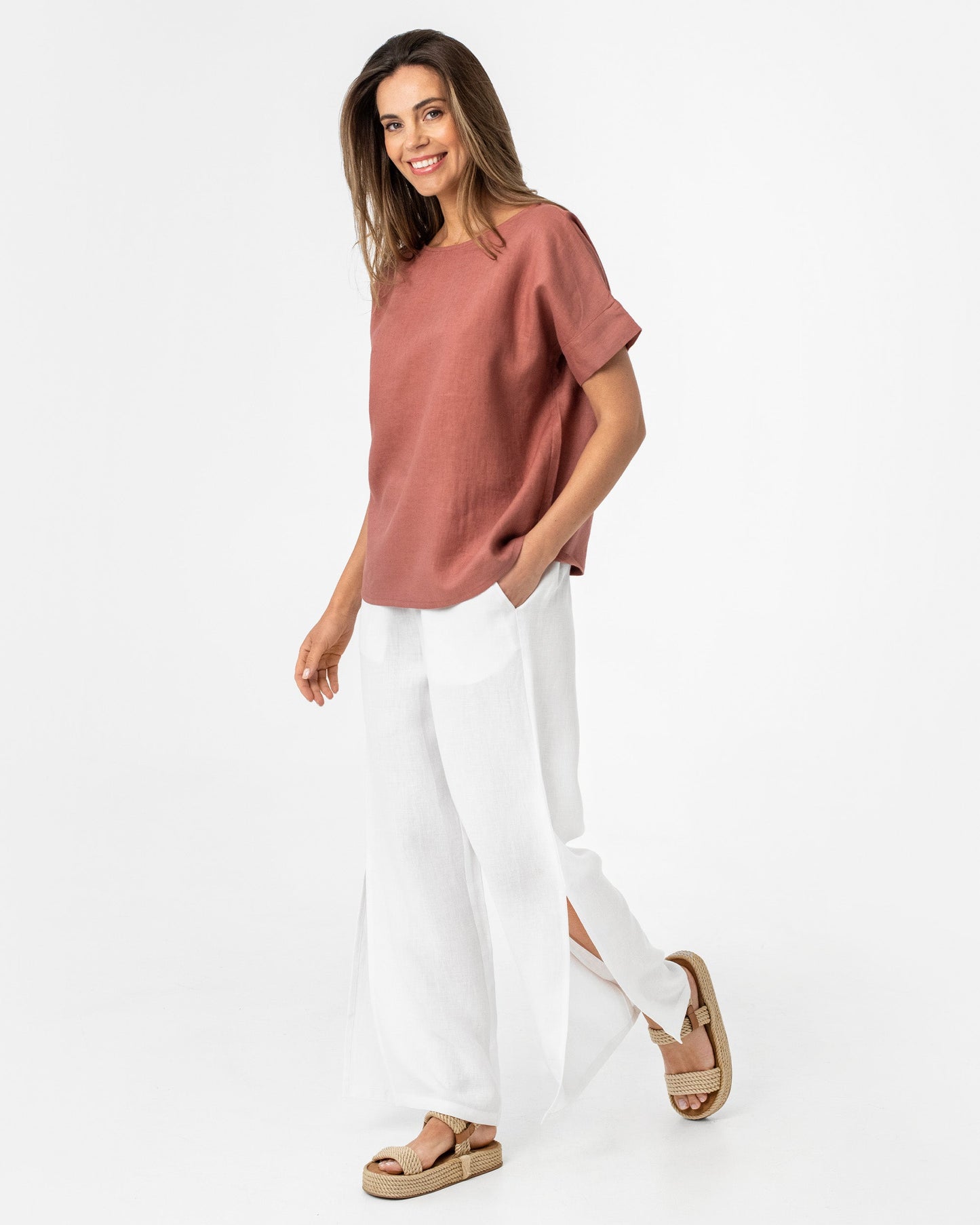 Short-sleeved linen top AMED in Clay pink - MagicLinen