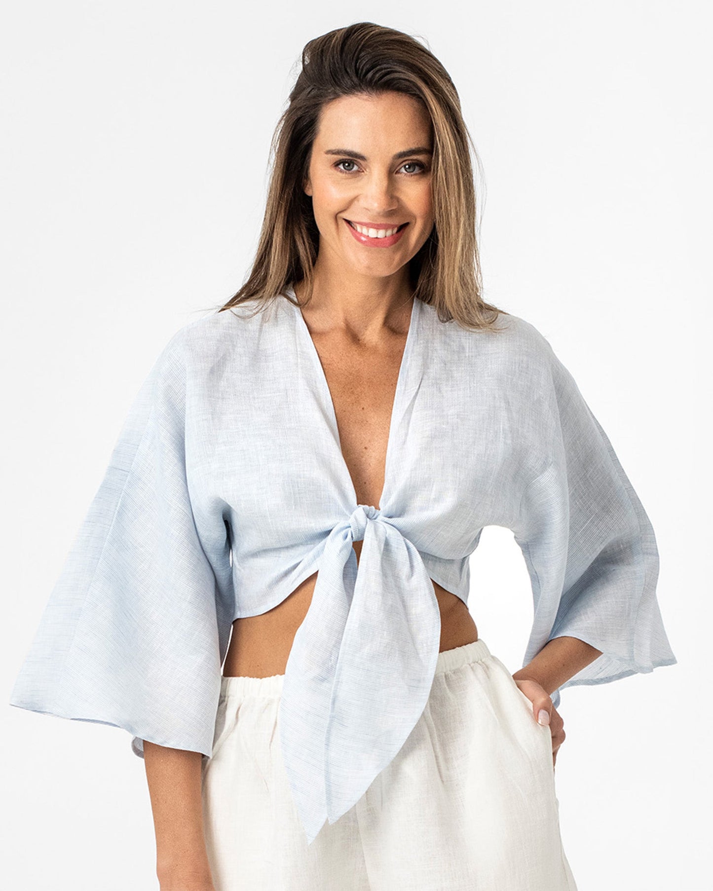 Linen crop top BALI in Pinstripe blue - MagicLinen